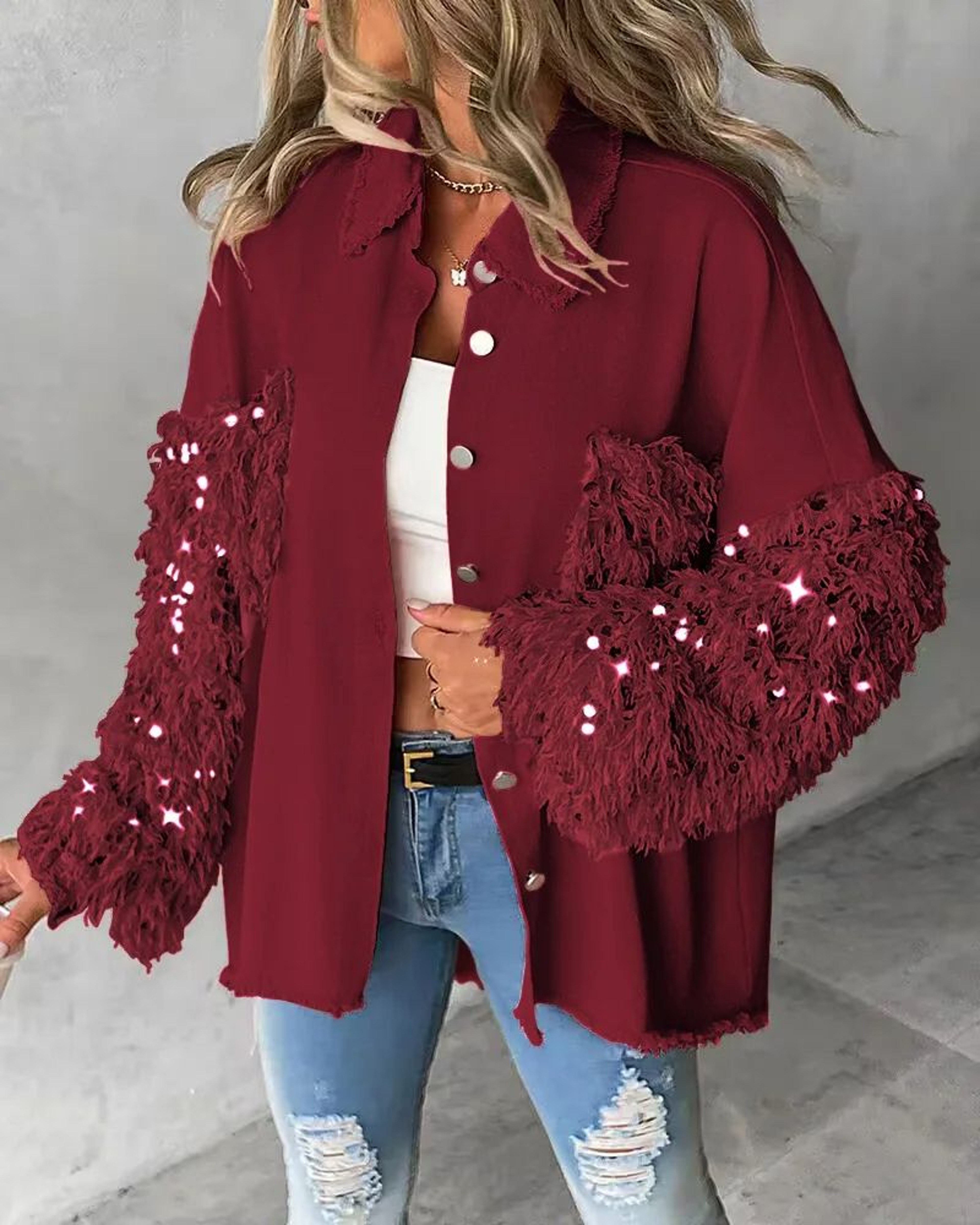 Sequin Colorblock Shacket Jacket  Womens Contrast ButtonUp Raw Hem High Street Coat 21