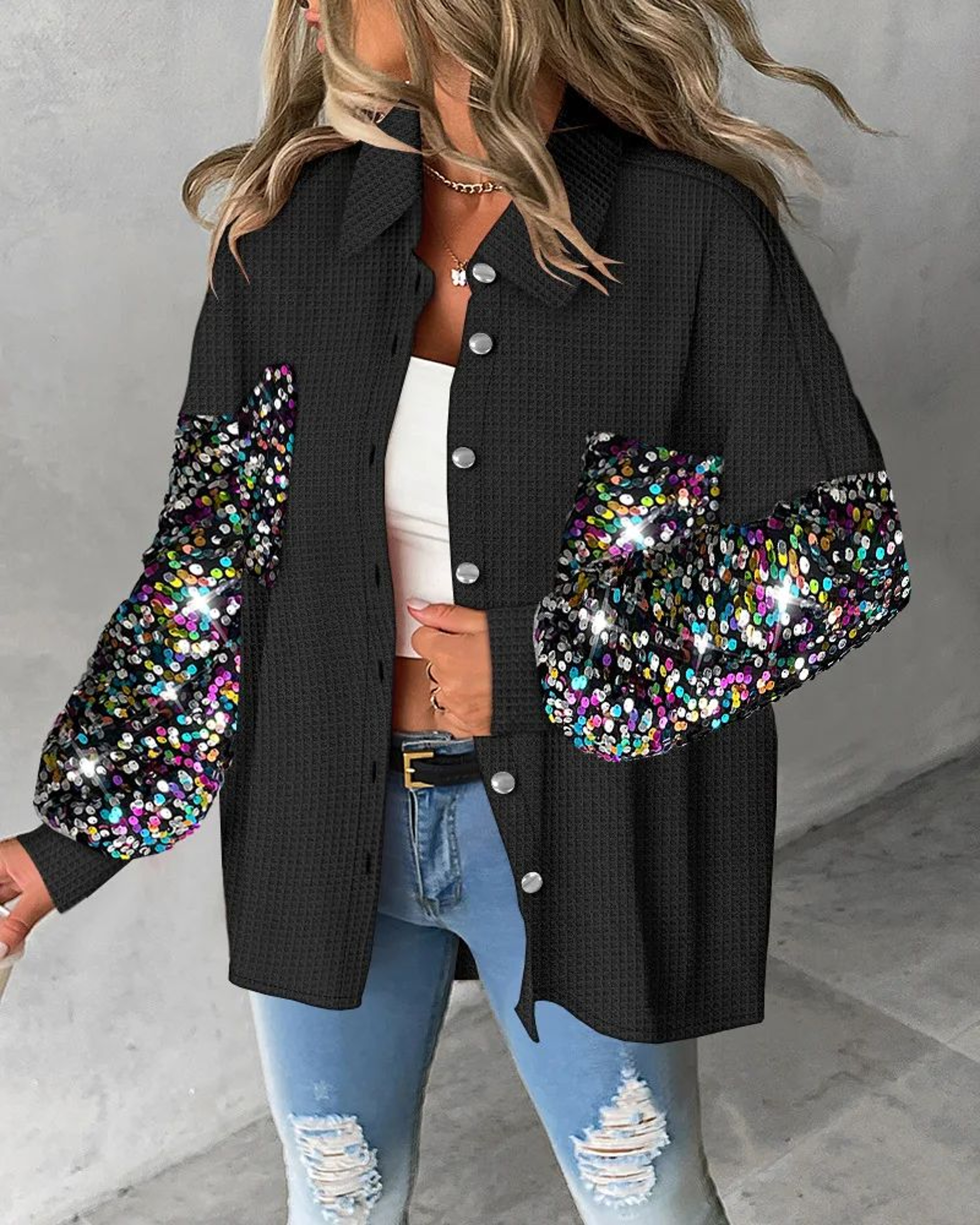Sequin Colorblock Shacket Jacket  Womens Contrast ButtonUp Raw Hem High Street Coat 9
