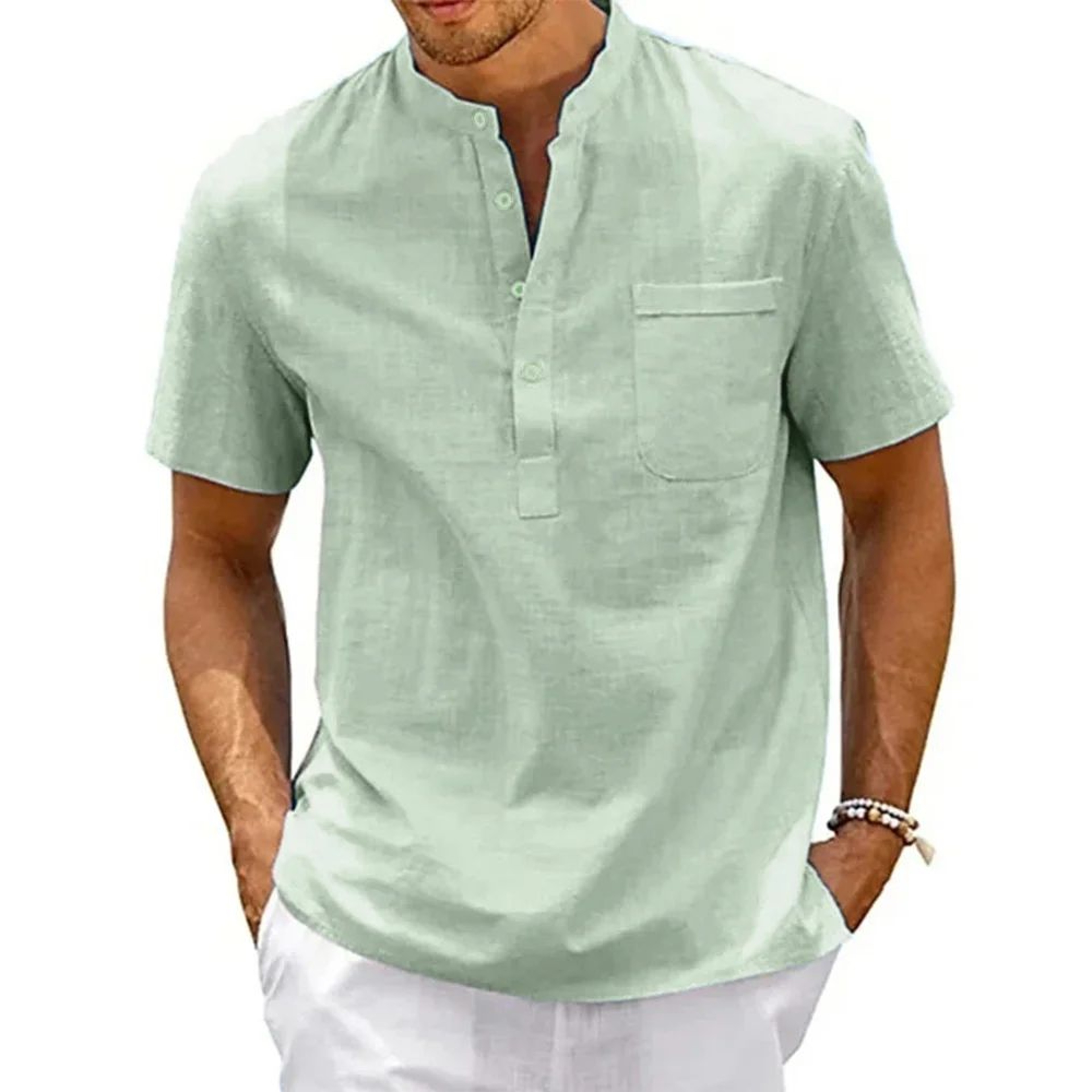Mens Cotton Linen Henley Shirt  Breathable Short Sleeve Casual Beach Tee 2