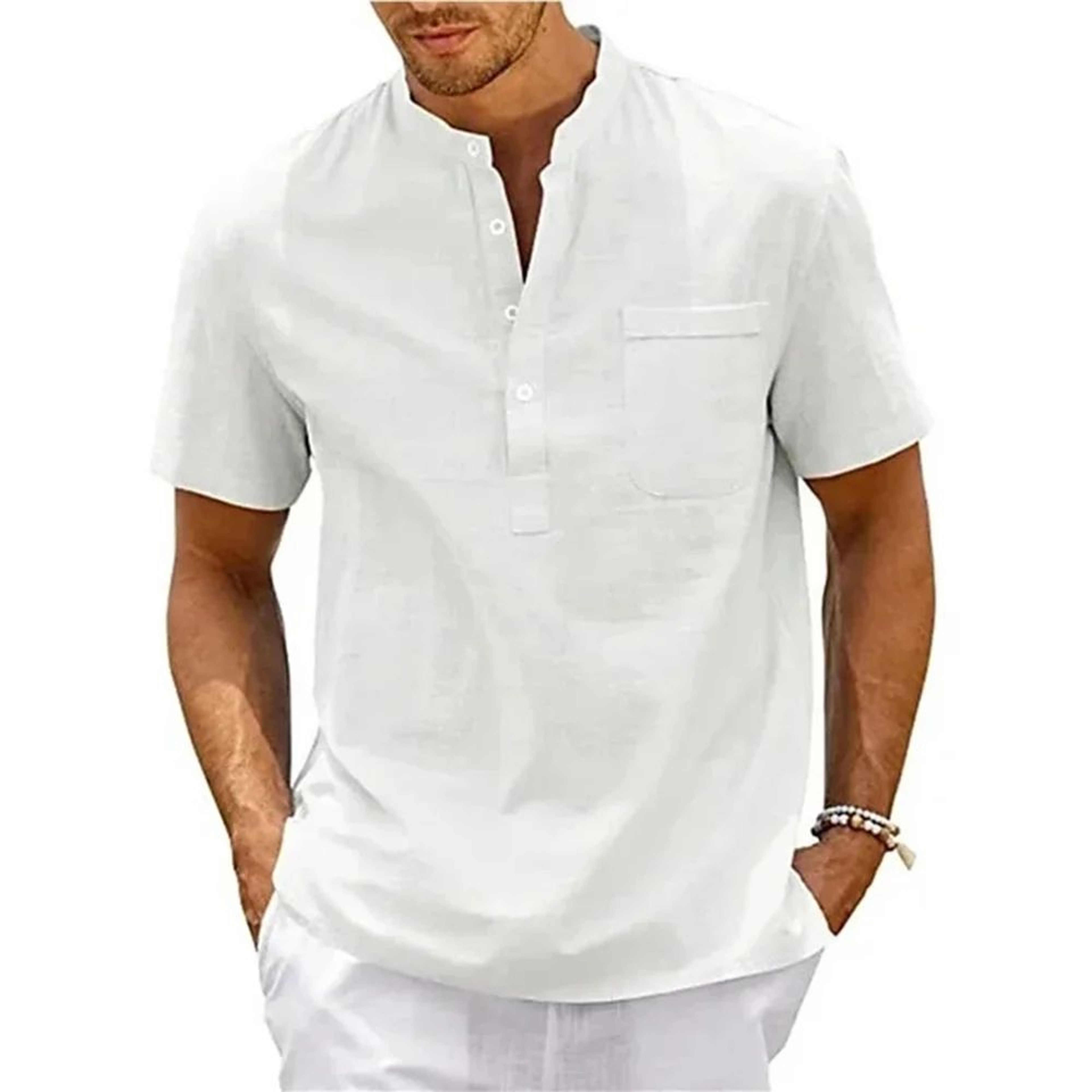 Mens Cotton Linen Henley Shirt  Breathable Short Sleeve Casual Beach Tee 8