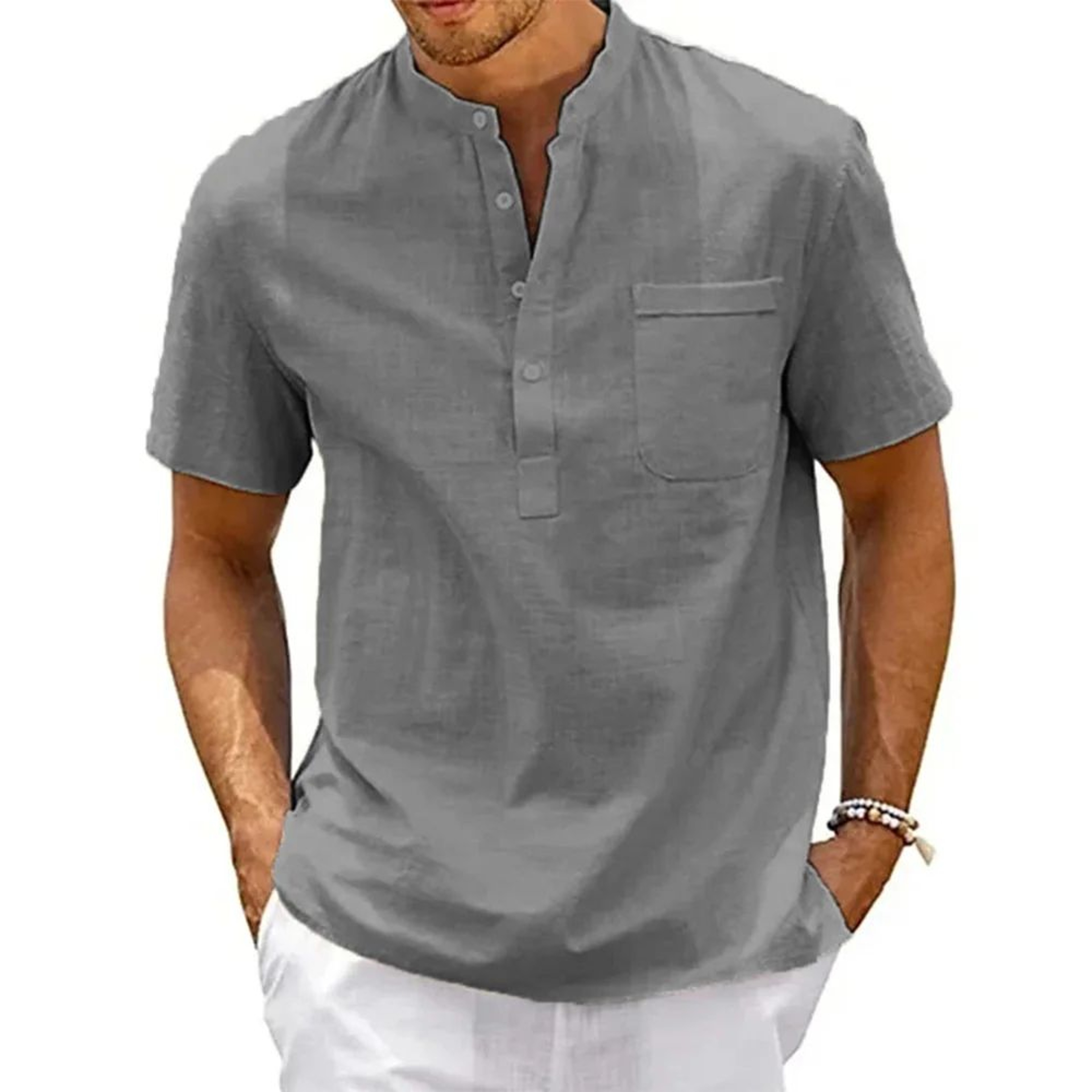 Mens Cotton Linen Henley Shirt  Breathable Short Sleeve Casual Beach Tee 10