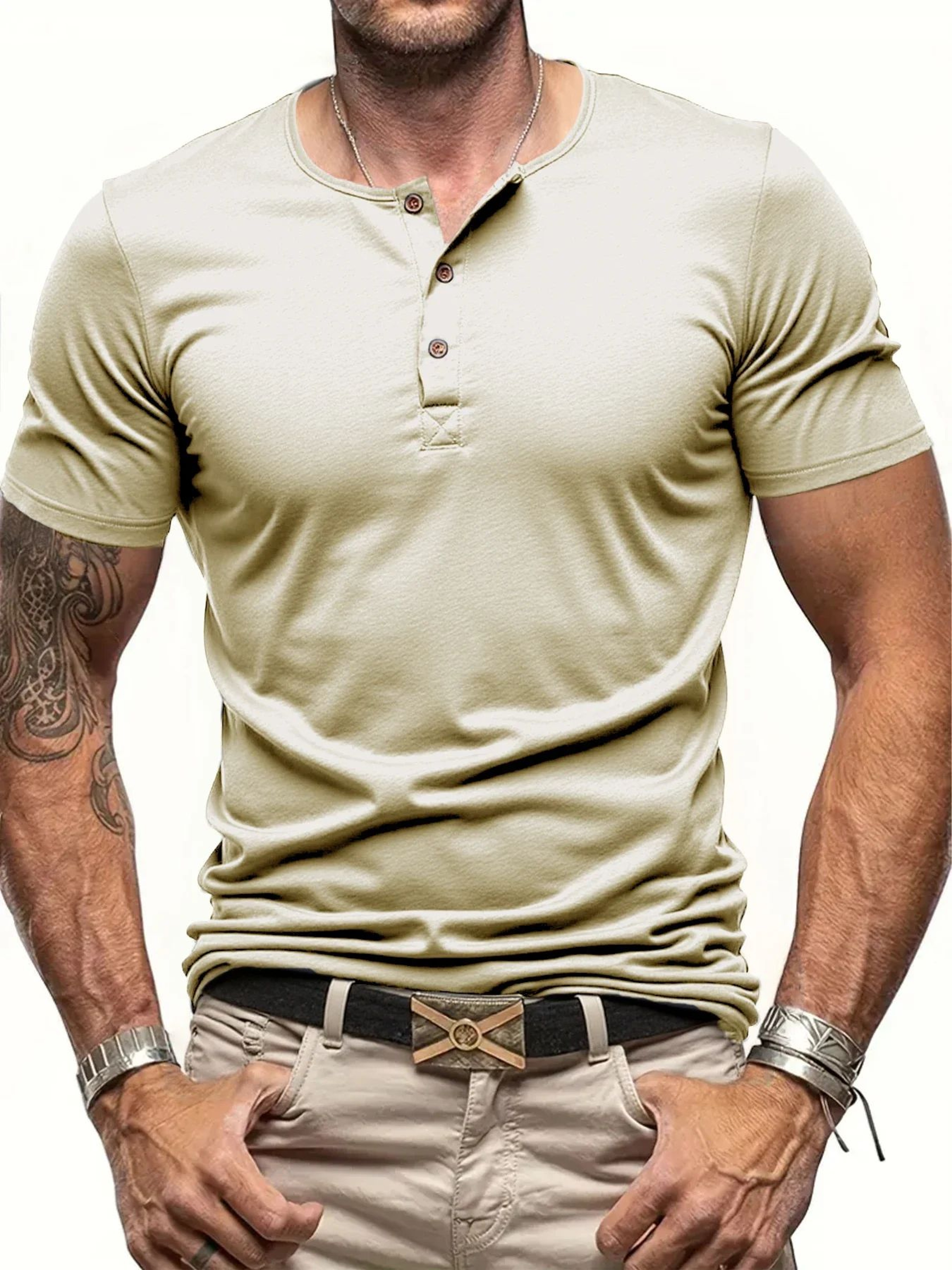 Mens Short Sleeve Henley TShirt  Slim Fit Button Neck Casual Streetwear Tee 7