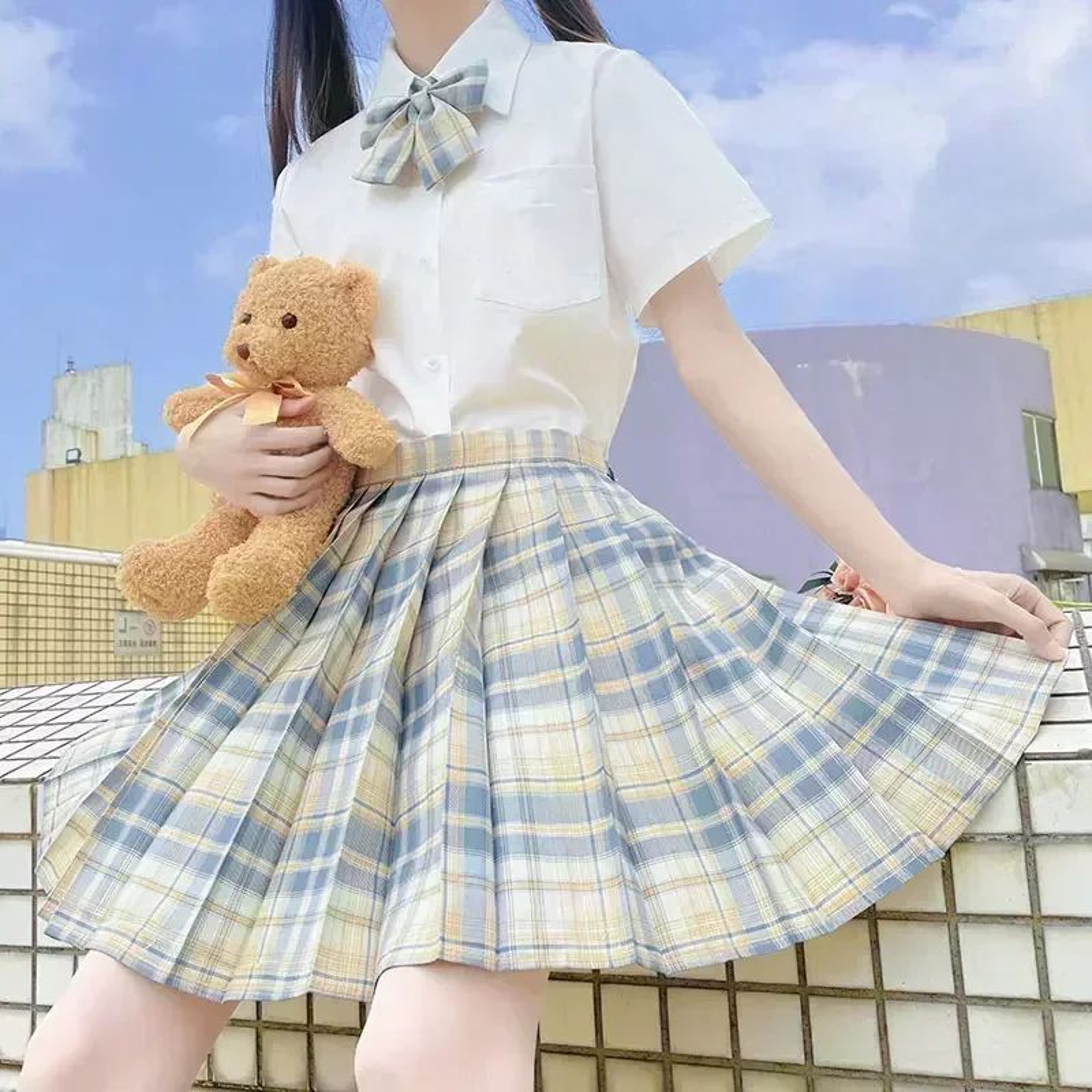 Korean JK Sailor School Uniform Set  Pink Plaid Pleated Skirt  Blouse Cosplay Outfit For Women 15
