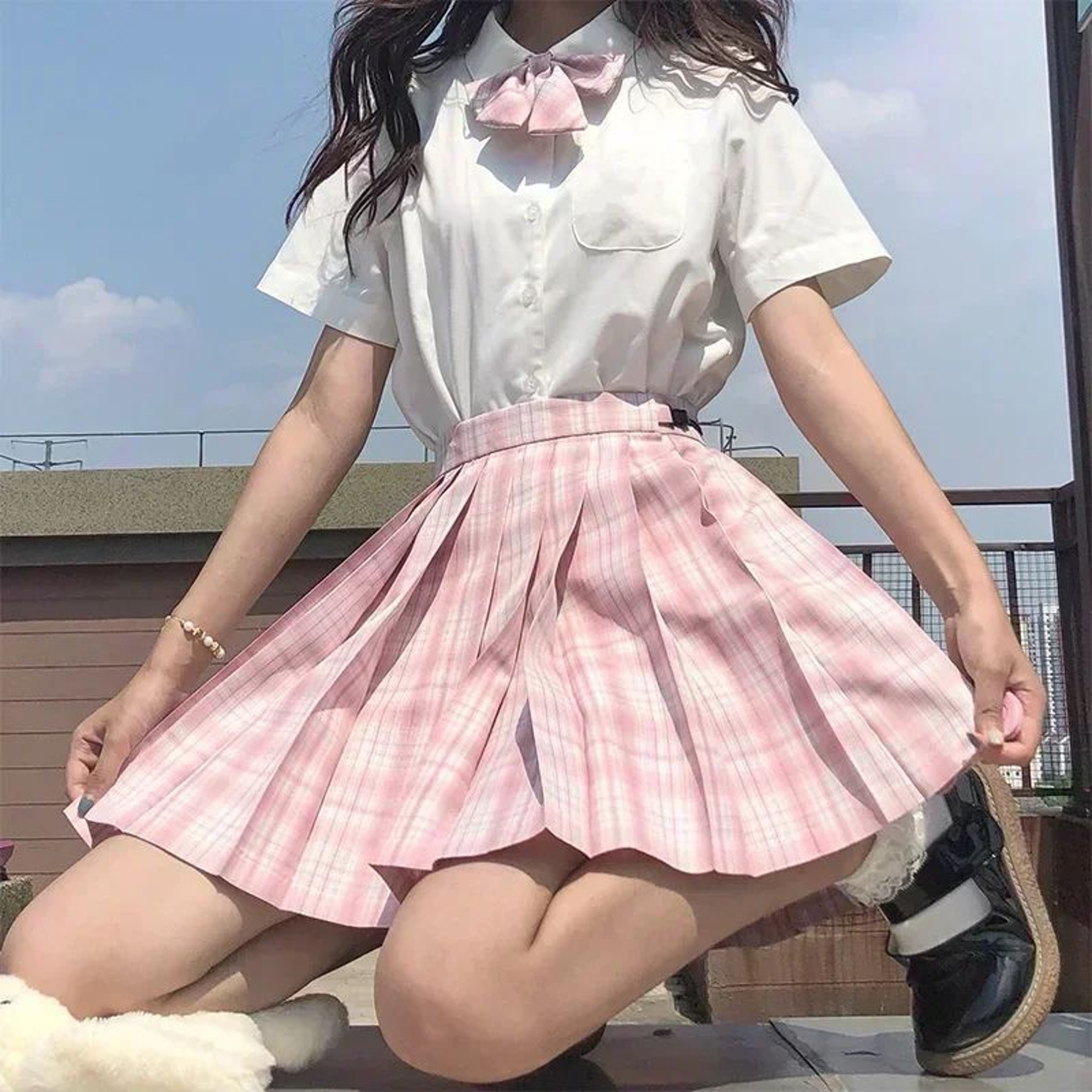 Korean JK Sailor School Uniform Set  Pink Plaid Pleated Skirt  Blouse Cosplay Outfit For Women 16