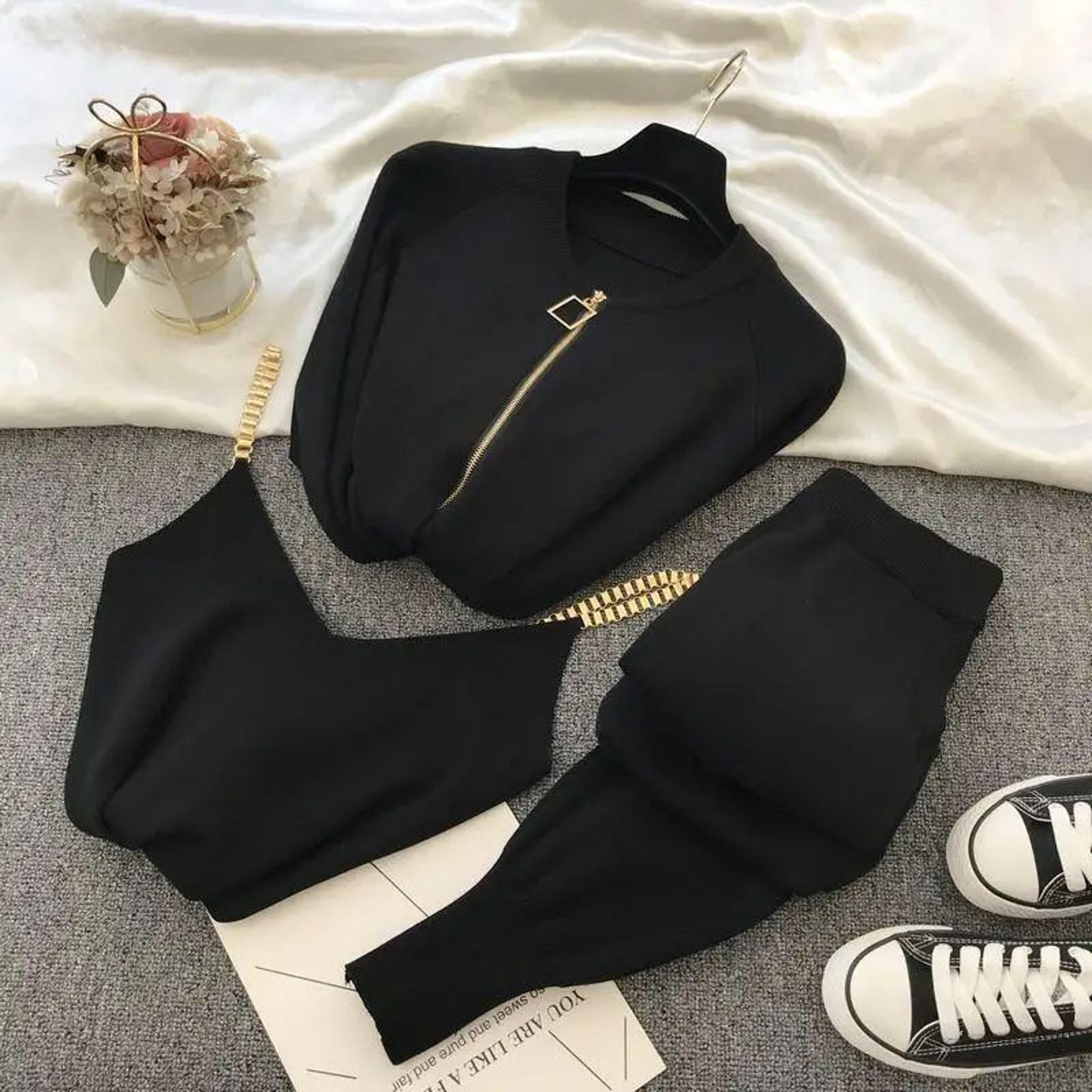 Womens 3Piece Knitted Cardigan Vest  Harem Pants Set  High Stretch Office Lady Sweater Outfit 0