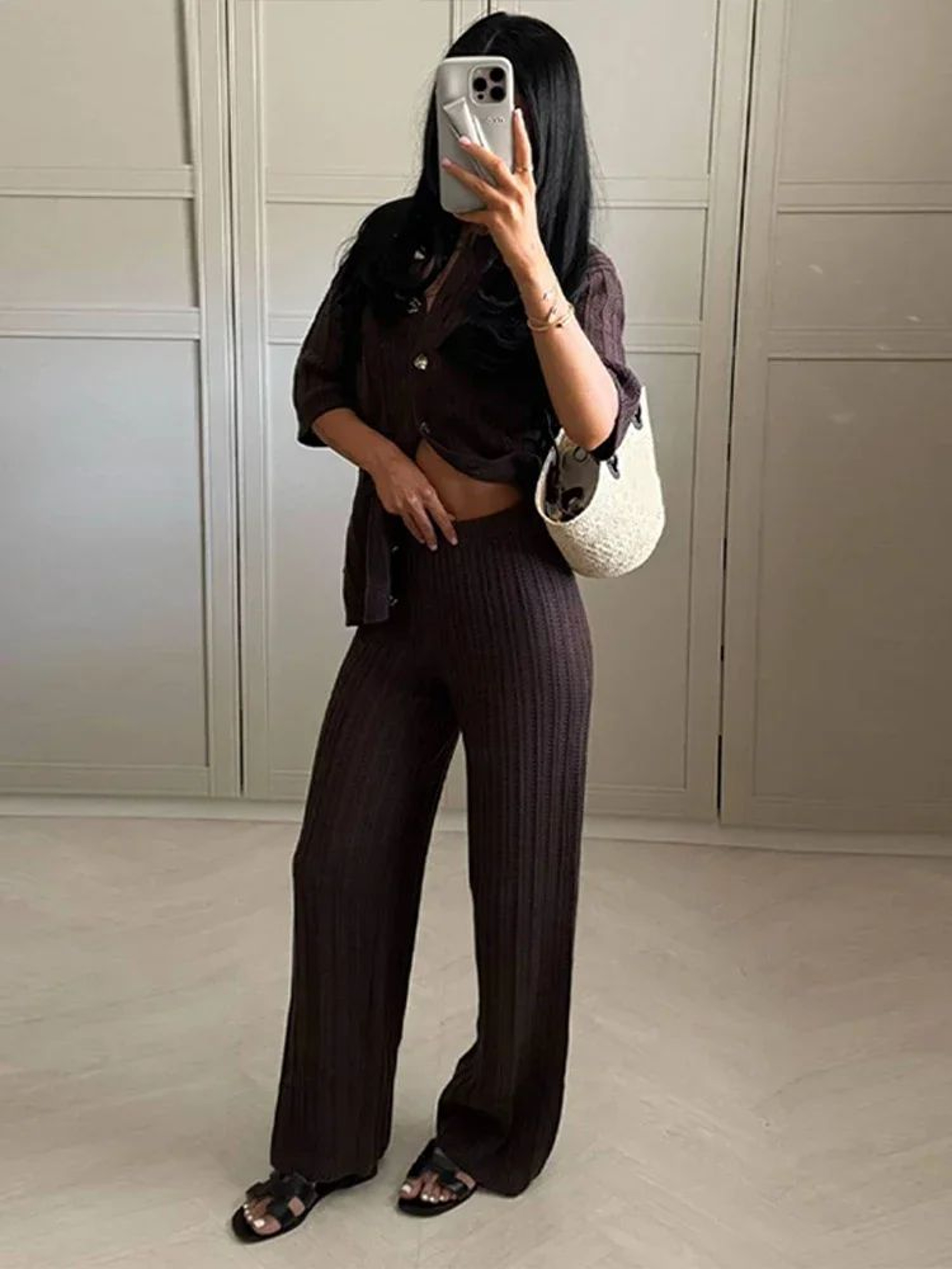 Womens Vintage Knit Cardigan  Straight Pants Set  Brown Loose Fit 2Piece Fashion Suit 2