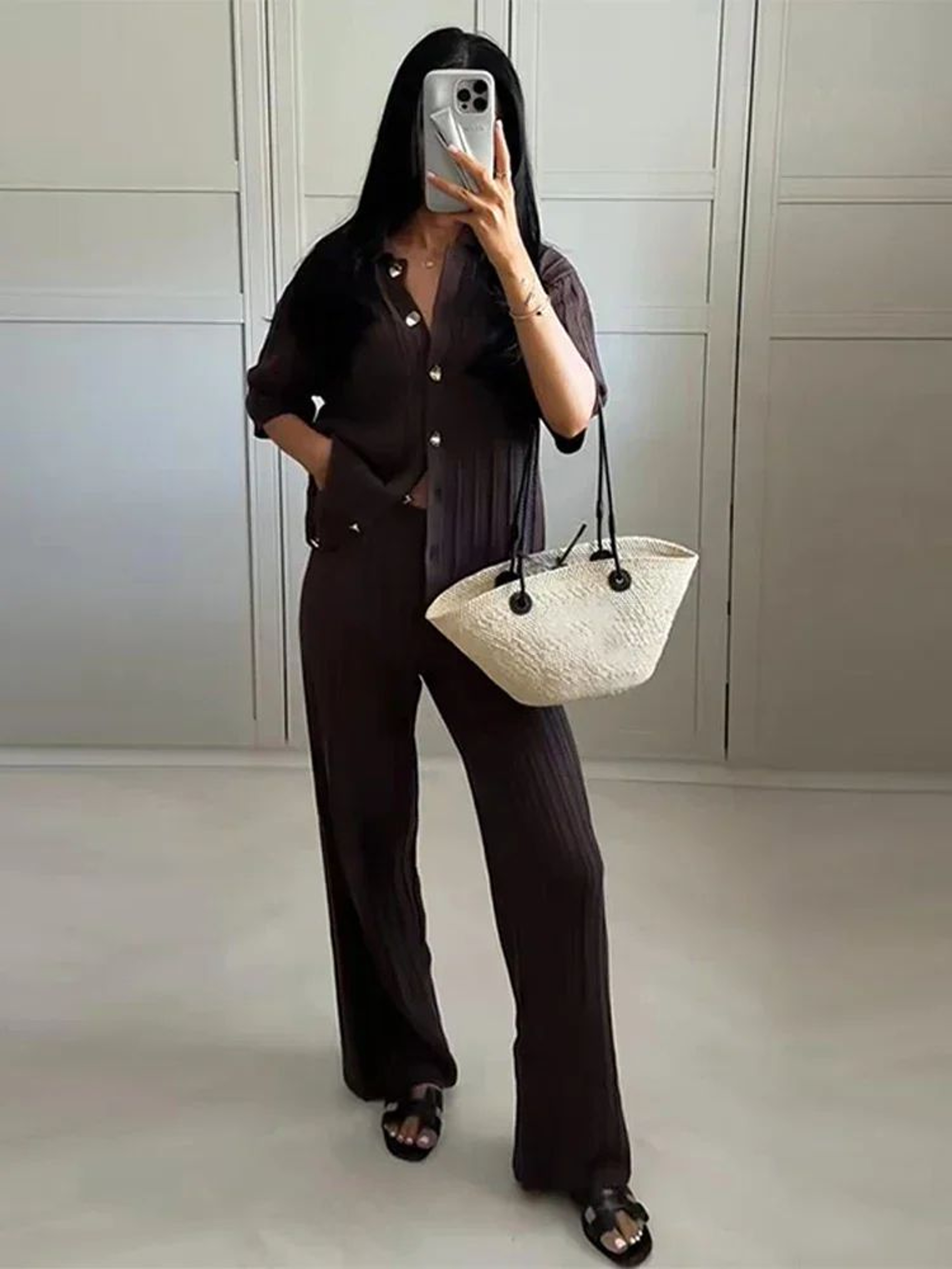Womens Vintage Knit Cardigan  Straight Pants Set  Brown Loose Fit 2Piece Fashion Suit 0