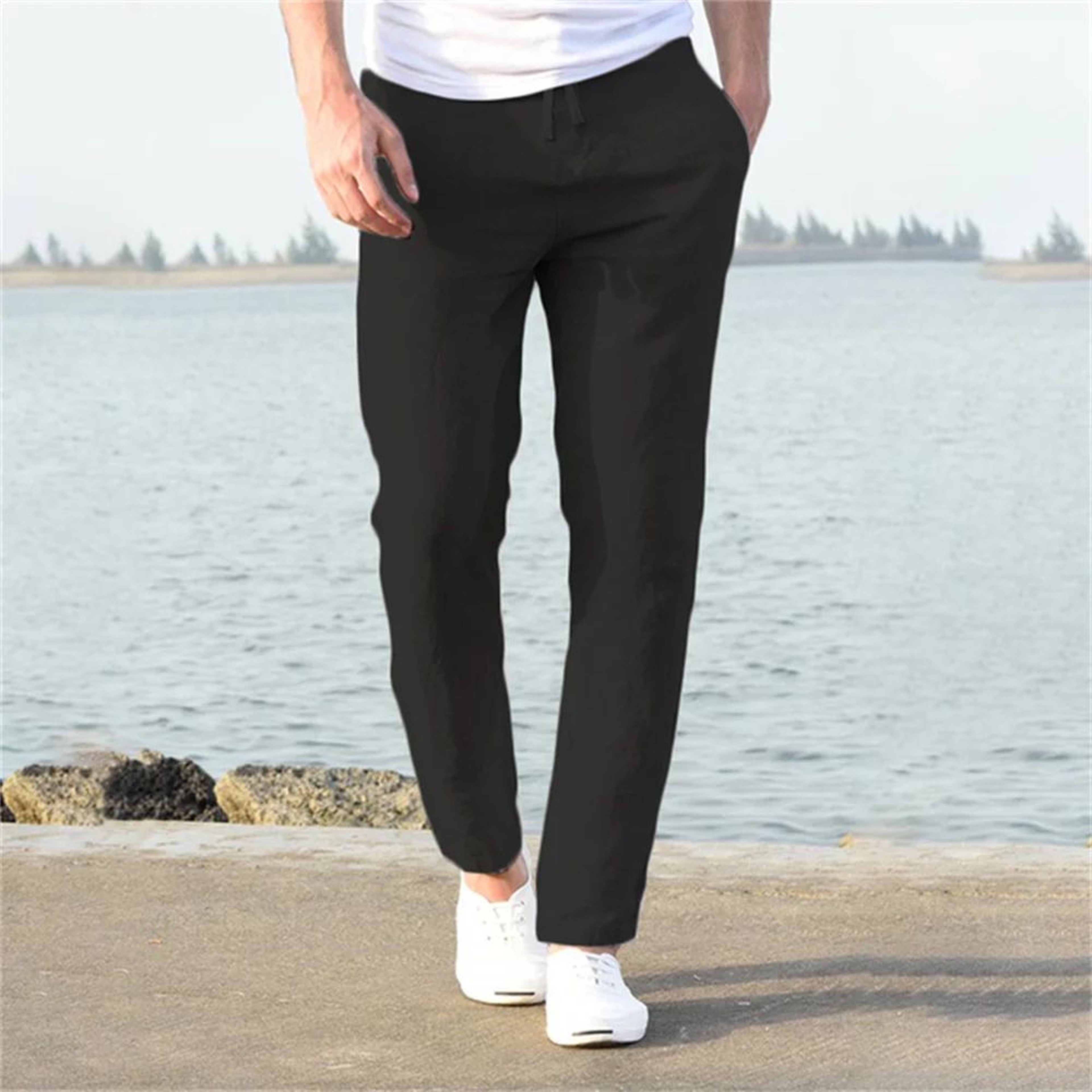 Mens Cotton Linen Breathable StraightLeg Pants  Casual Elastic Waist AnkleLength Streetwear Trouser 10