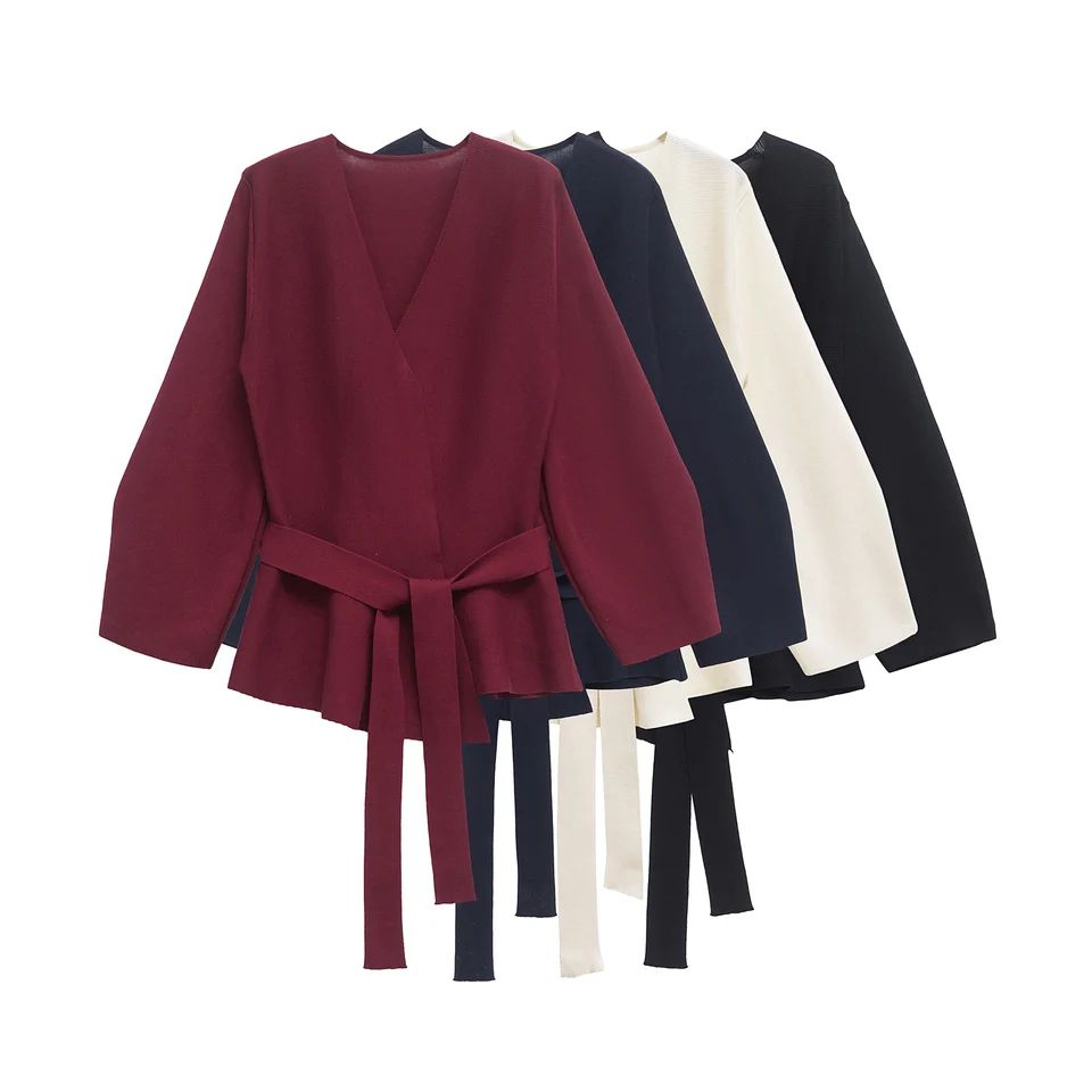 Womens Retro Knit Blazer With Belt  VNeck Shoulder Pad Office Lady Jacket 1