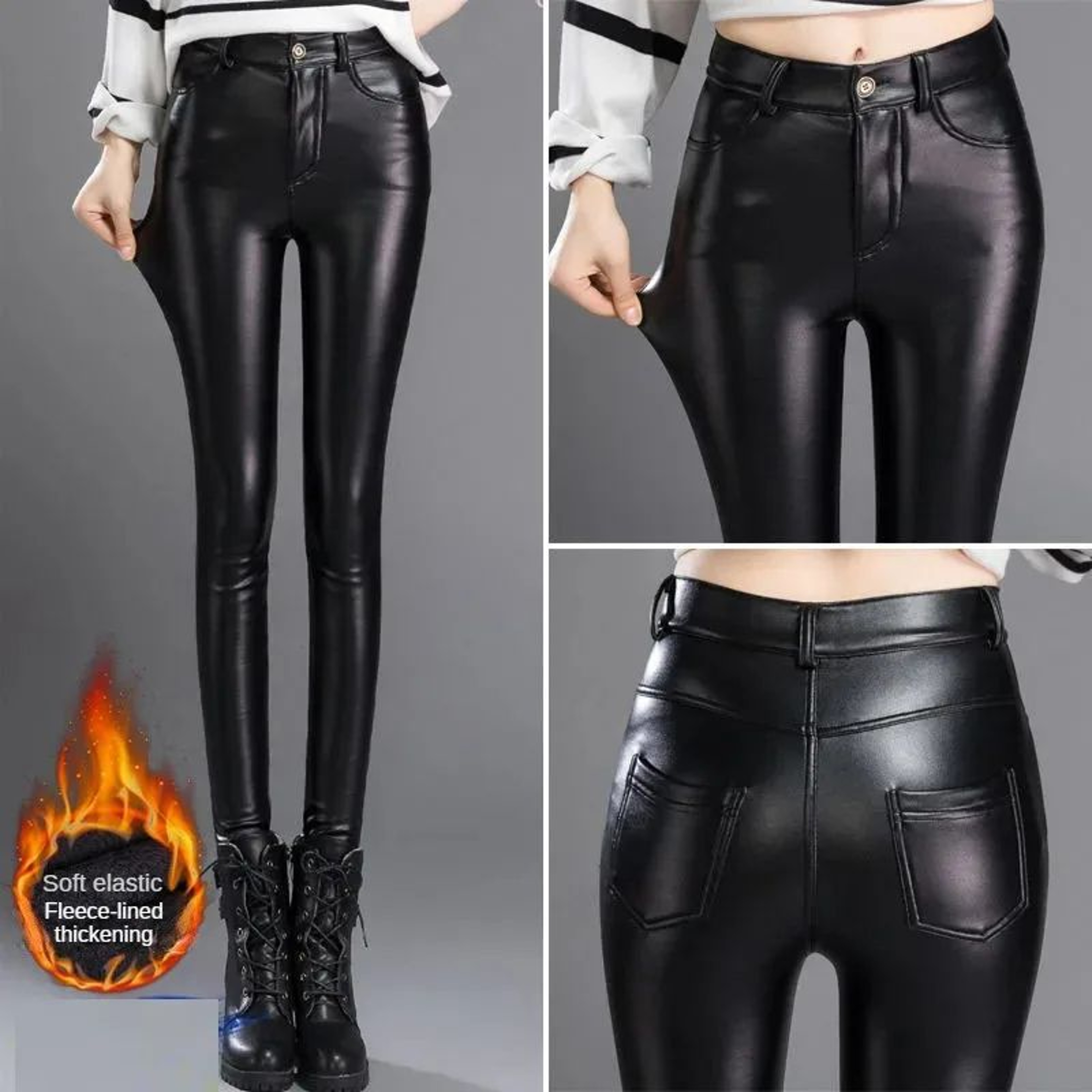 Womens FleeceLined High Waist PU Leather Leggings  Warm Slim Fit Winter Faux Leather Pants 0