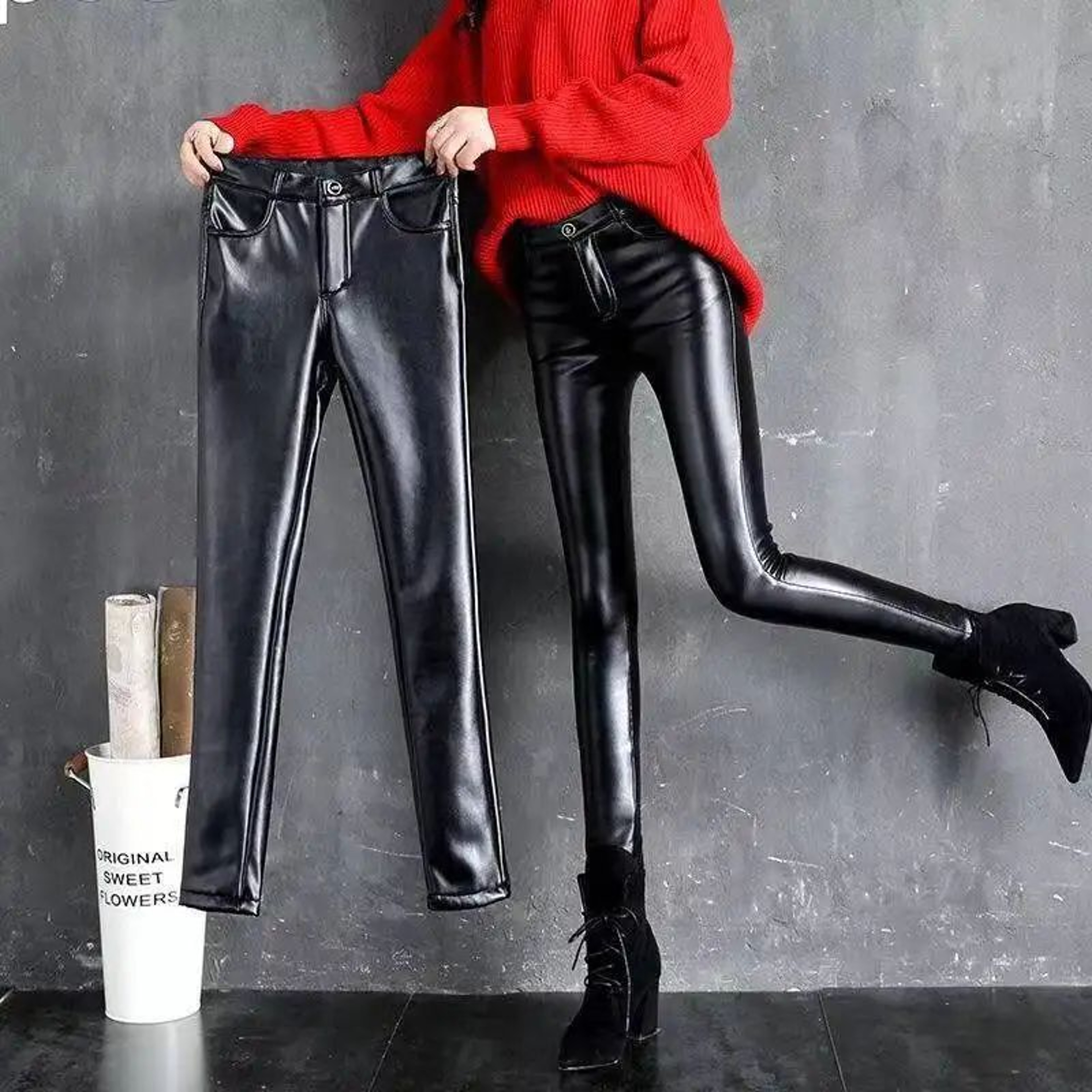 Womens FleeceLined High Waist PU Leather Leggings  Warm Slim Fit Winter Faux Leather Pants 1