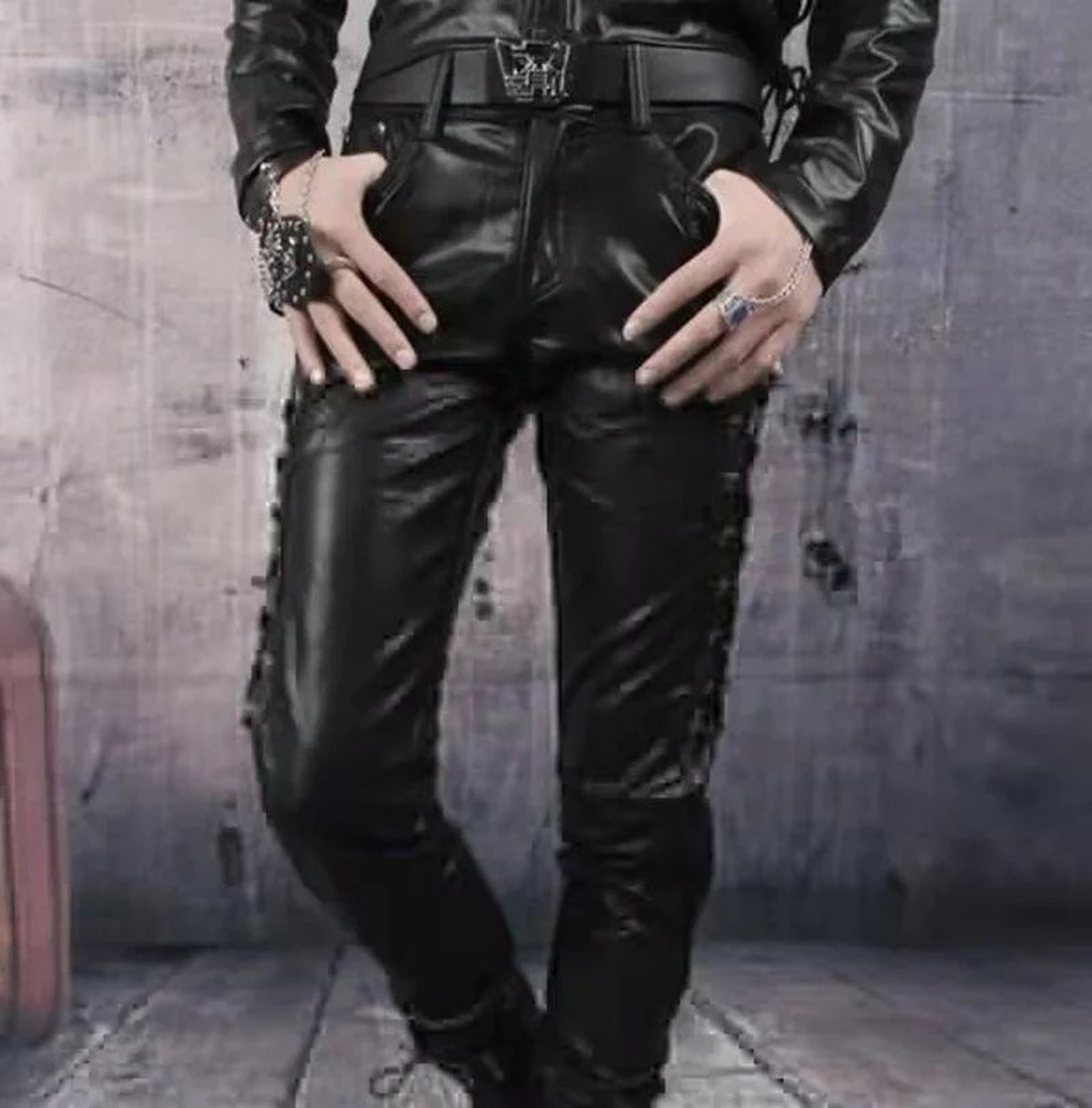 Mens Punk Style Faux Leather Motorcycle Pants  Black Side LaceUp Biker Trousers 3