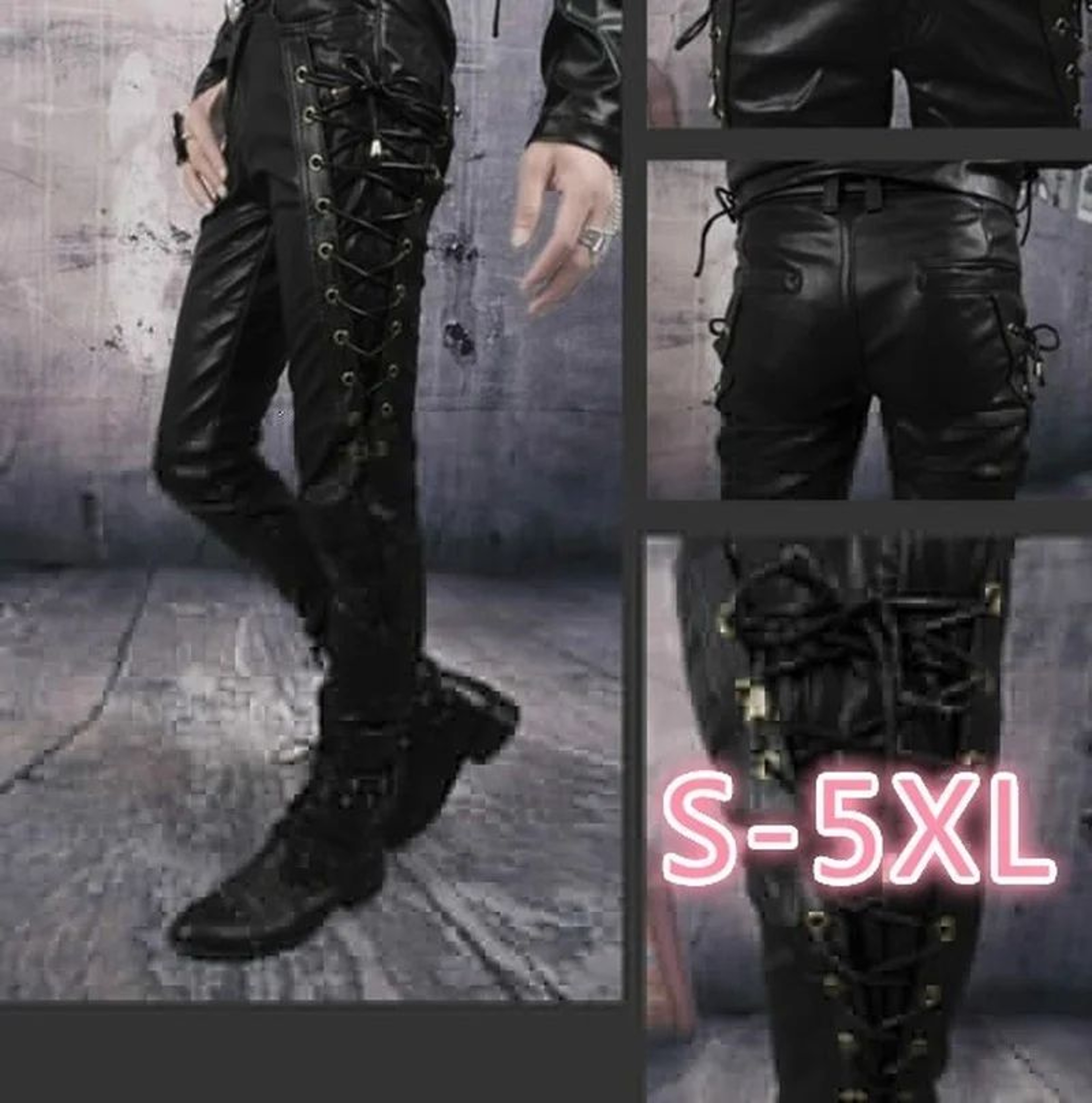 Mens Punk Style Faux Leather Motorcycle Pants  Black Side LaceUp Biker Trousers 0