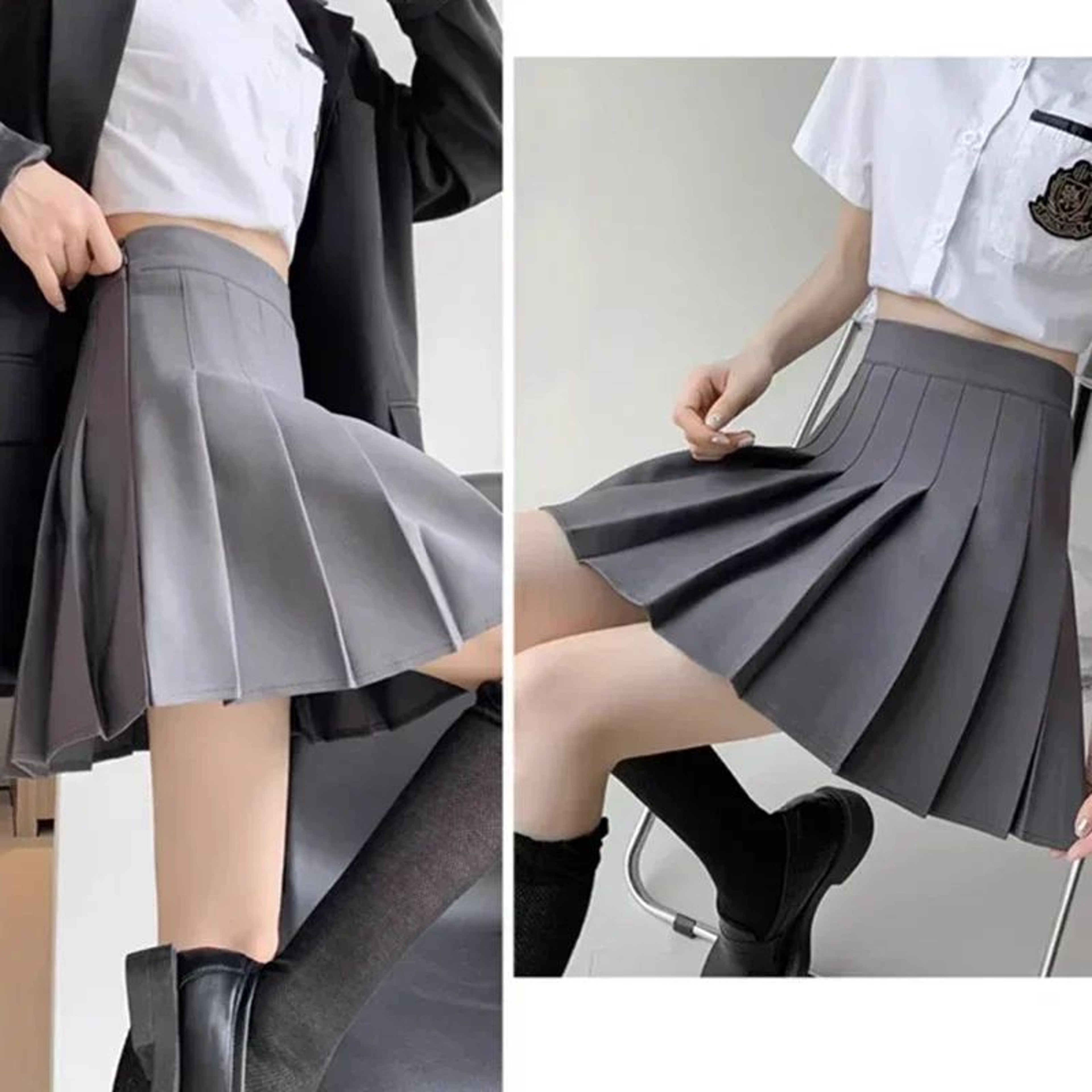 Womens High Waist Pleated Mini Skirt  Preppy Style ALine Elastic Waist JK Skirt With Zipper 0