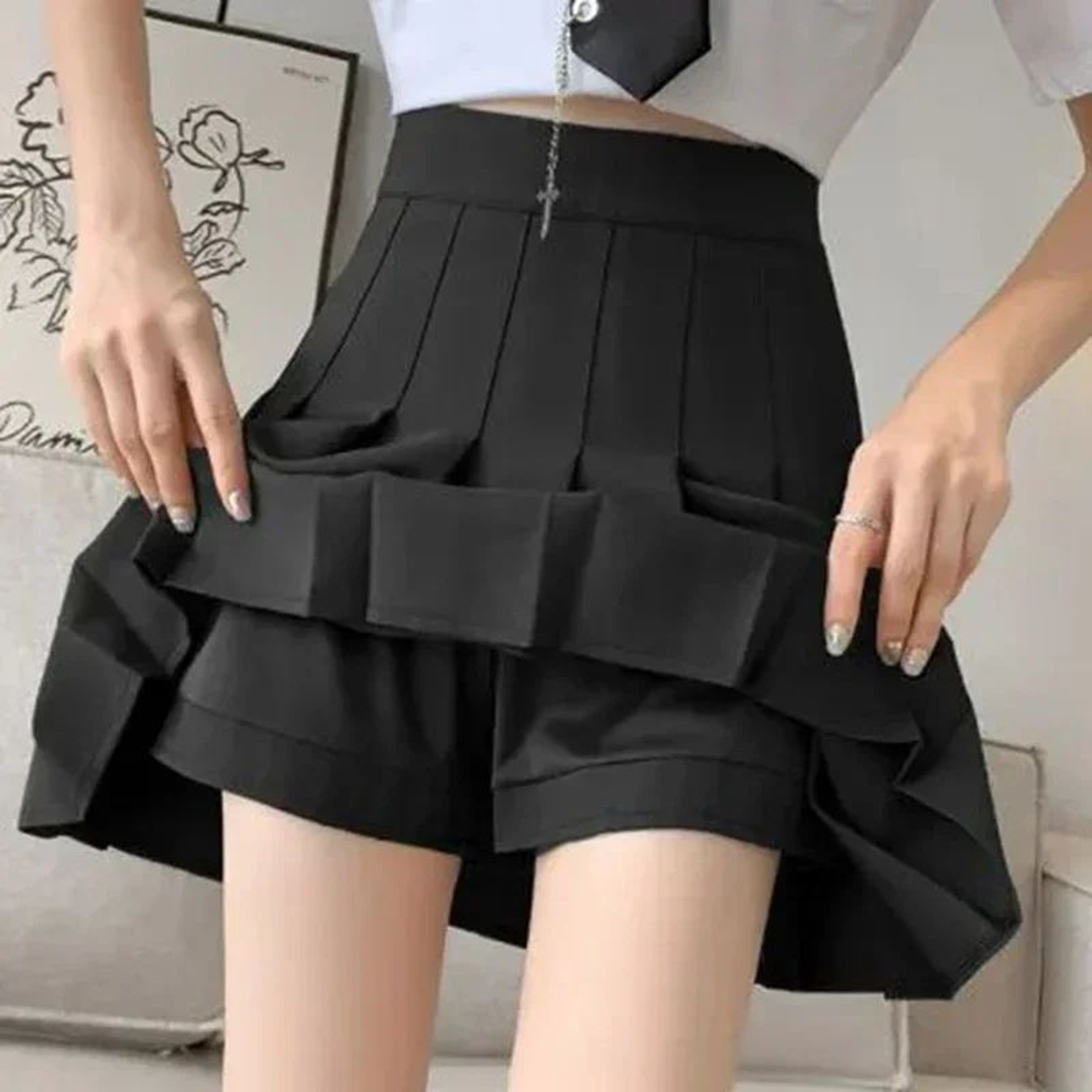 Womens High Waist Pleated Mini Skirt  Preppy Style ALine Elastic Waist JK Skirt With Zipper 2