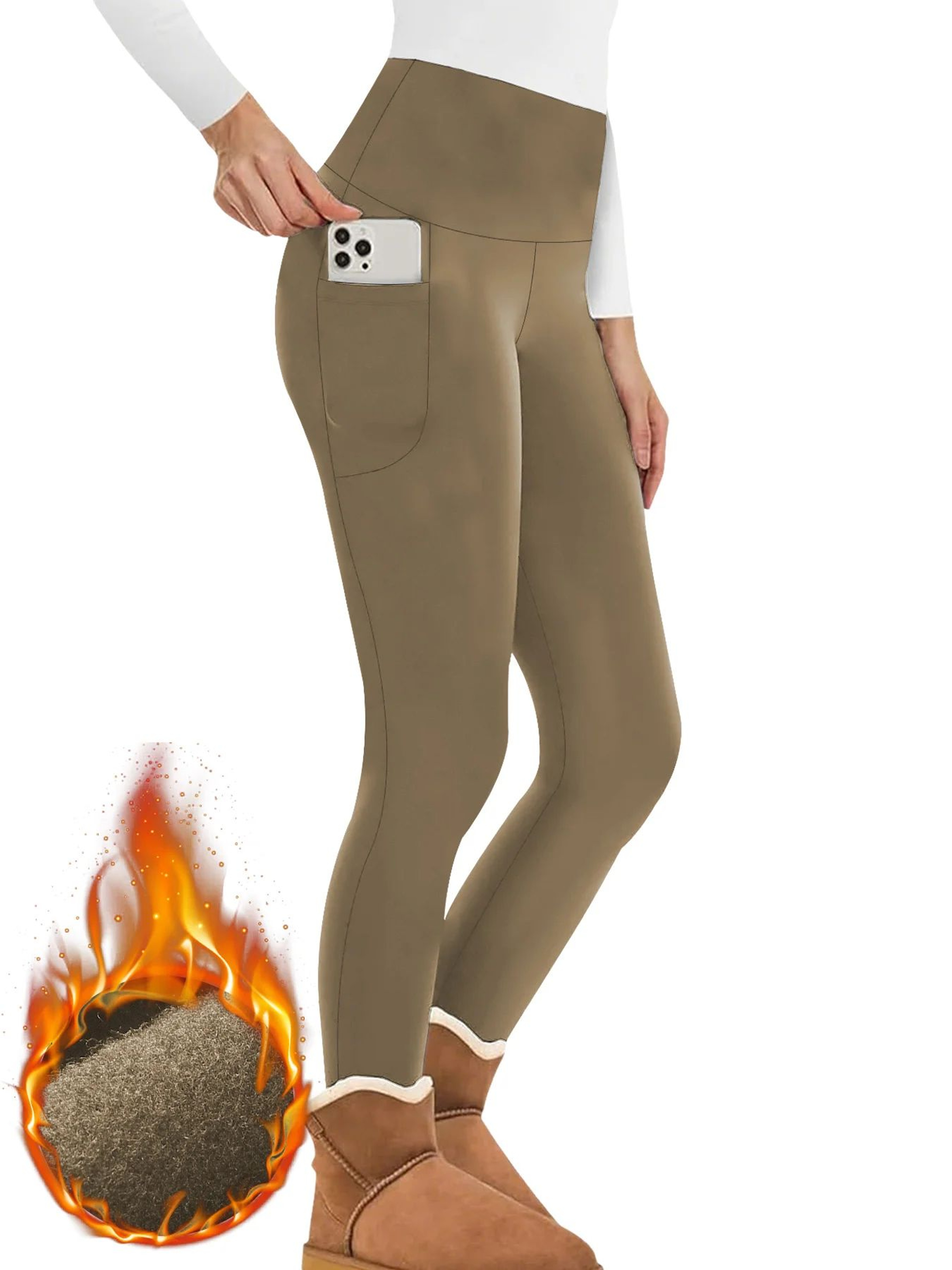 Womens Winter Thermal Leggings With Pockets  High Waisted Fleece Lined Tummy Control Warm Workout R 5