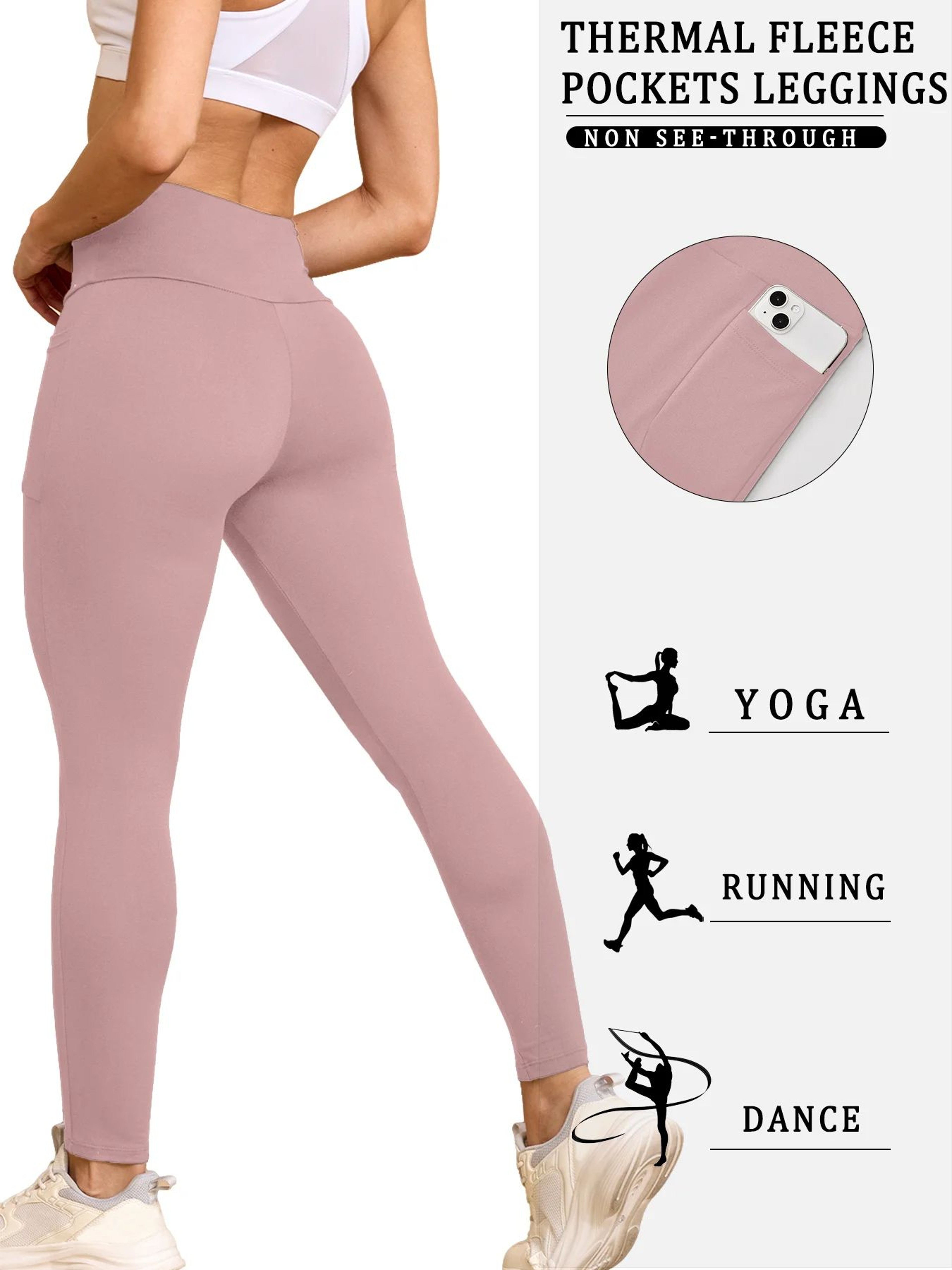 Womens Winter Thermal Leggings With Pockets  High Waisted Fleece Lined Tummy Control Warm Workout R 7