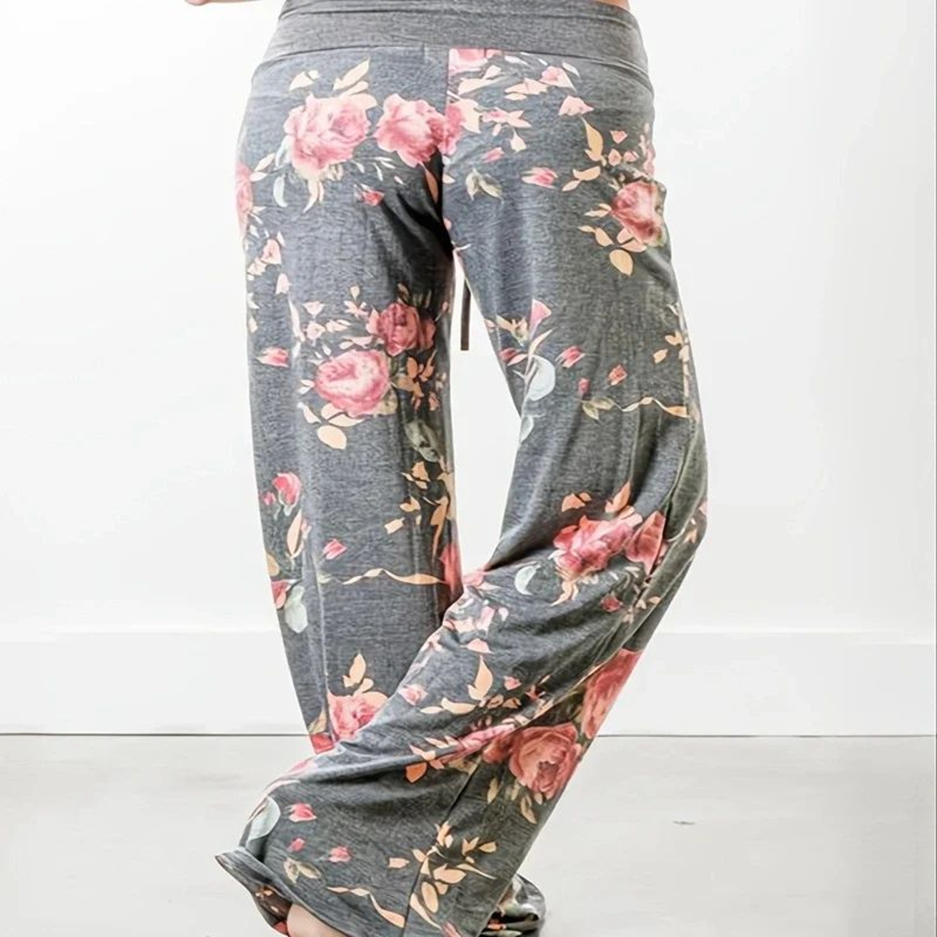 Womens Plus Size Floral Wide Leg Yoga Pants  Loose Fit Drawstring Casual Lounge Trousers 5