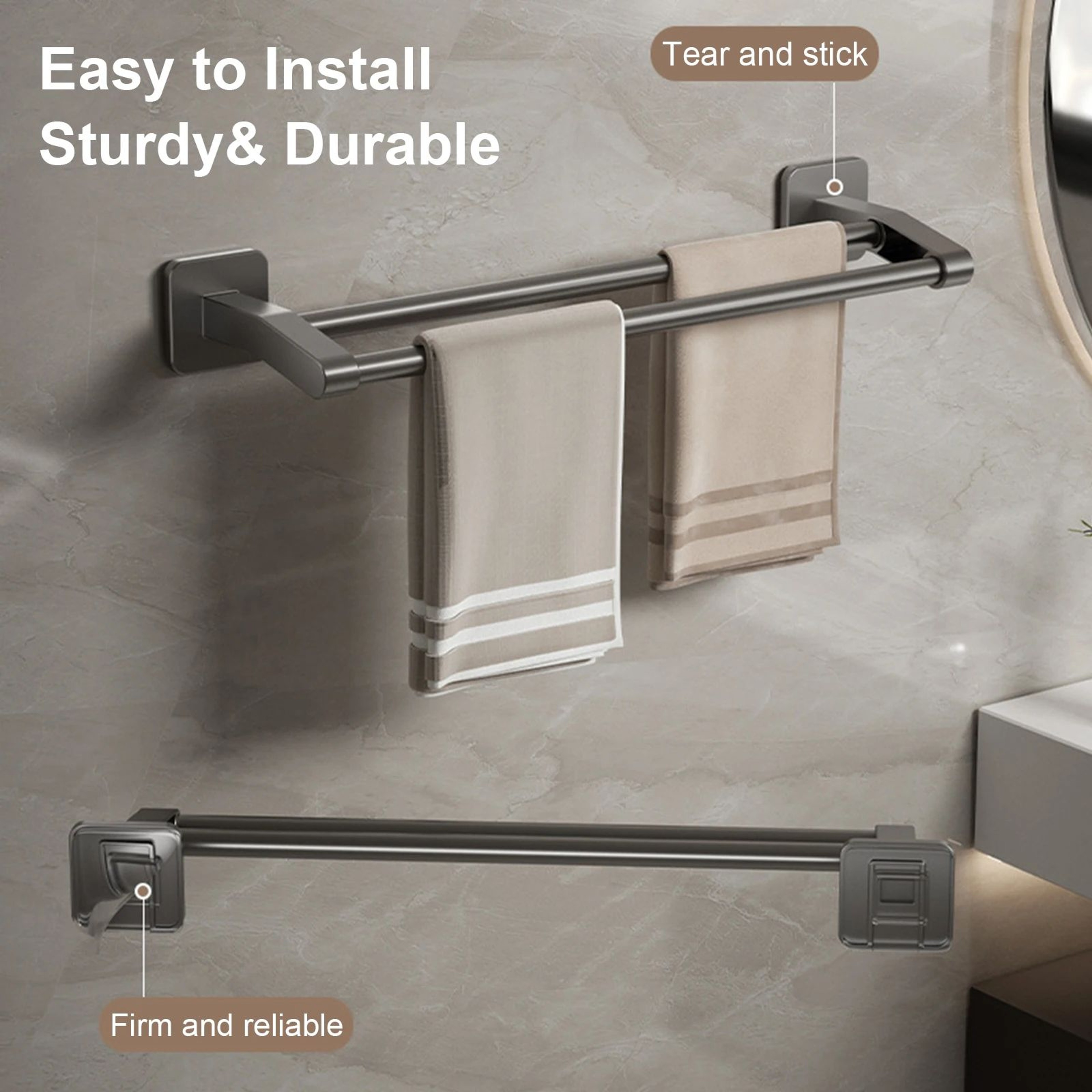 Wall Mount Double Towel Rack  No Drill ABS 2Tier Bathroom Towel Bar 0