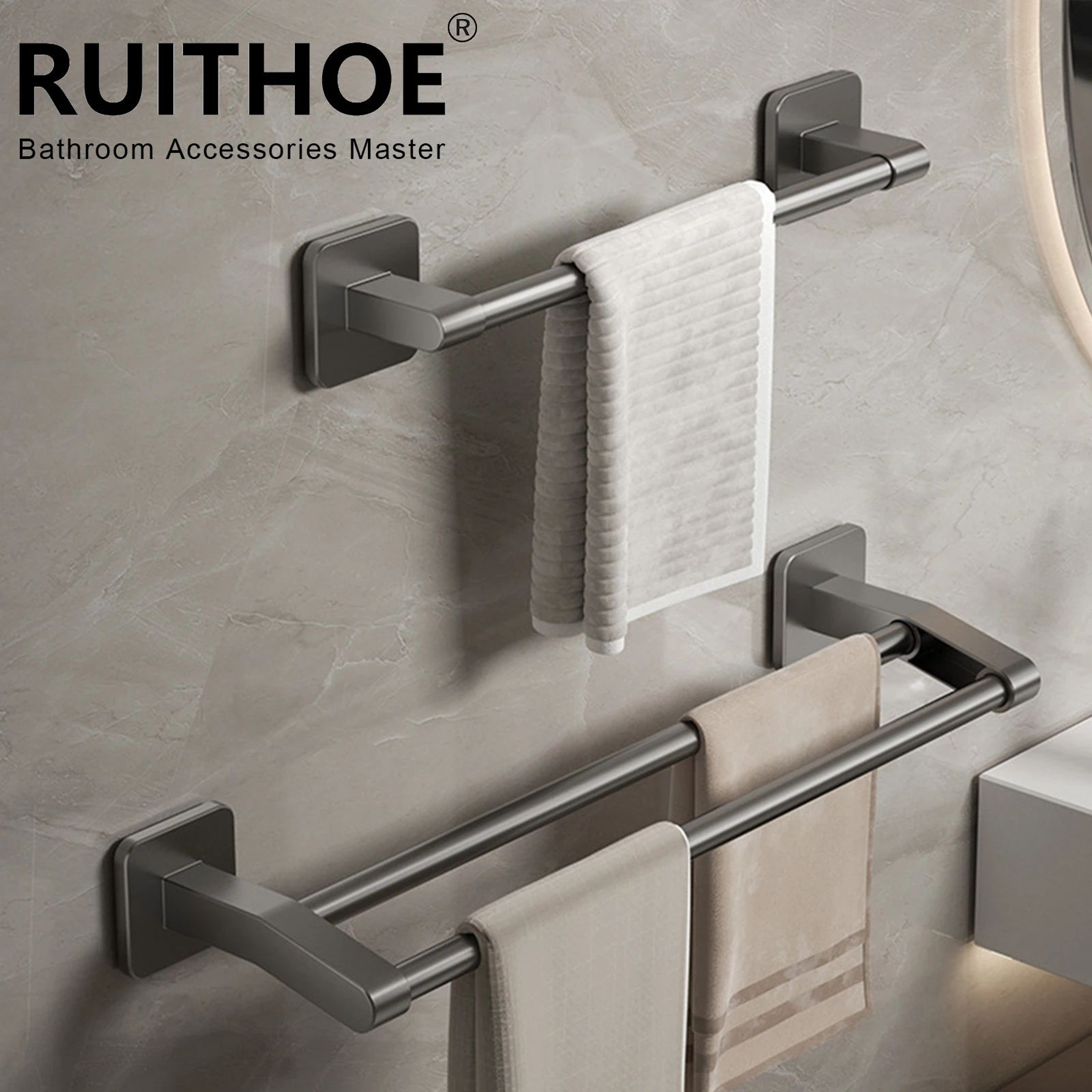 Wall Mount Double Towel Rack  No Drill ABS 2Tier Bathroom Towel Bar 5