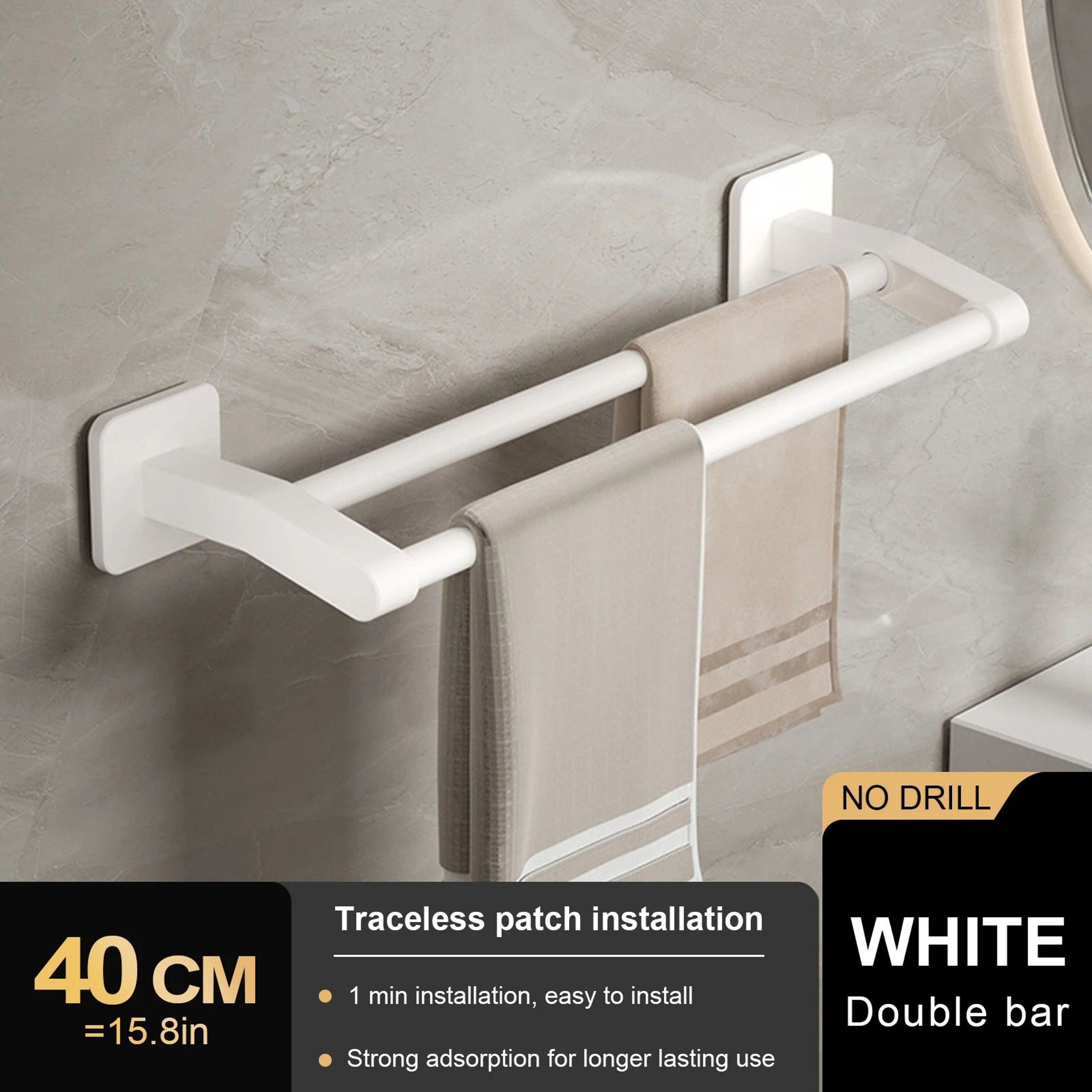 Wall Mount Double Towel Rack  No Drill ABS 2Tier Bathroom Towel Bar 13