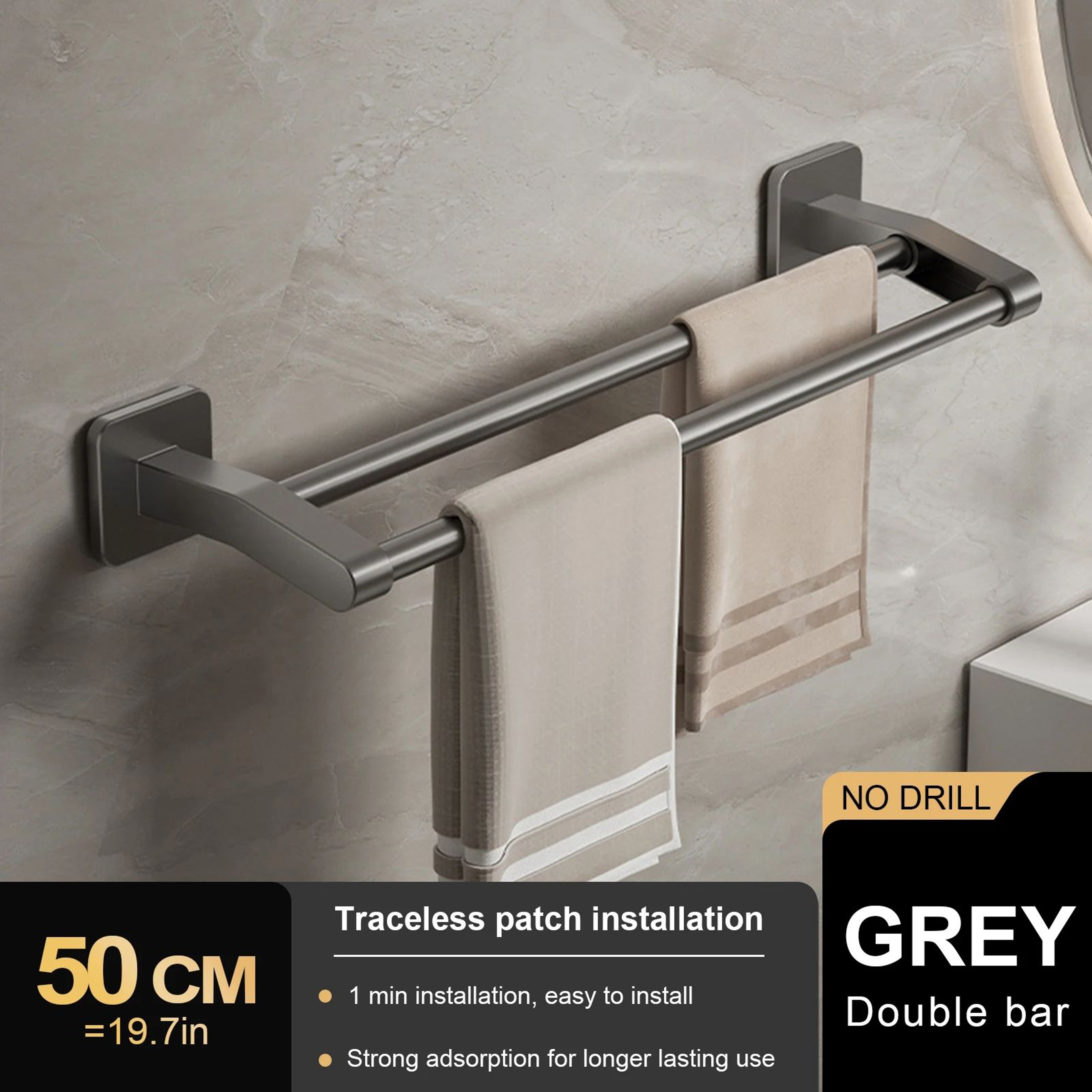 Wall Mount Double Towel Rack  No Drill ABS 2Tier Bathroom Towel Bar 17