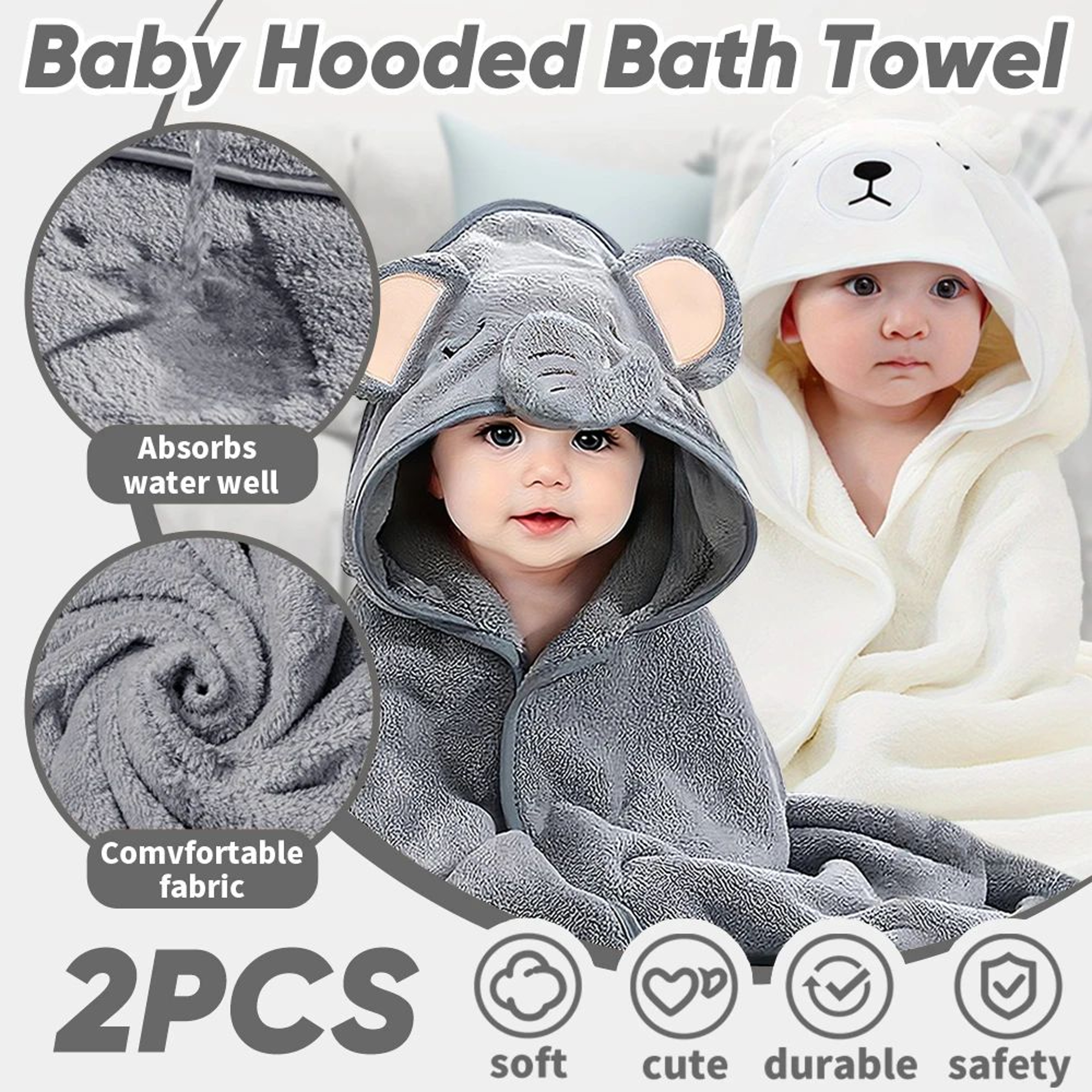 2pcs Hooded Baby Towel Set Soft Absorbent Cotton Baby Bath Towels For Newborns  Toddlers 315x315 In 9