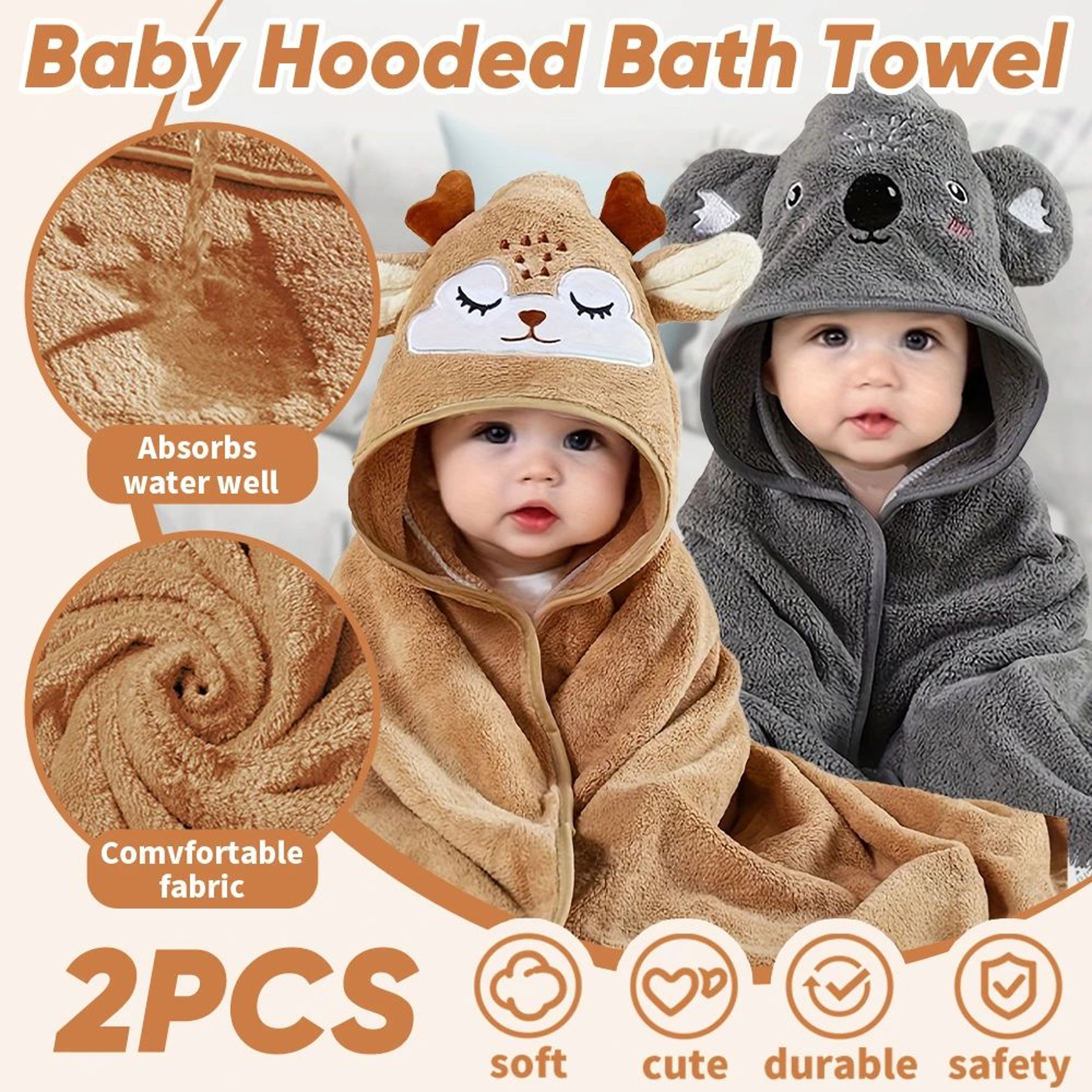 2pcs Hooded Baby Towel Set Soft Absorbent Cotton Baby Bath Towels For Newborns  Toddlers 315x315 In 12