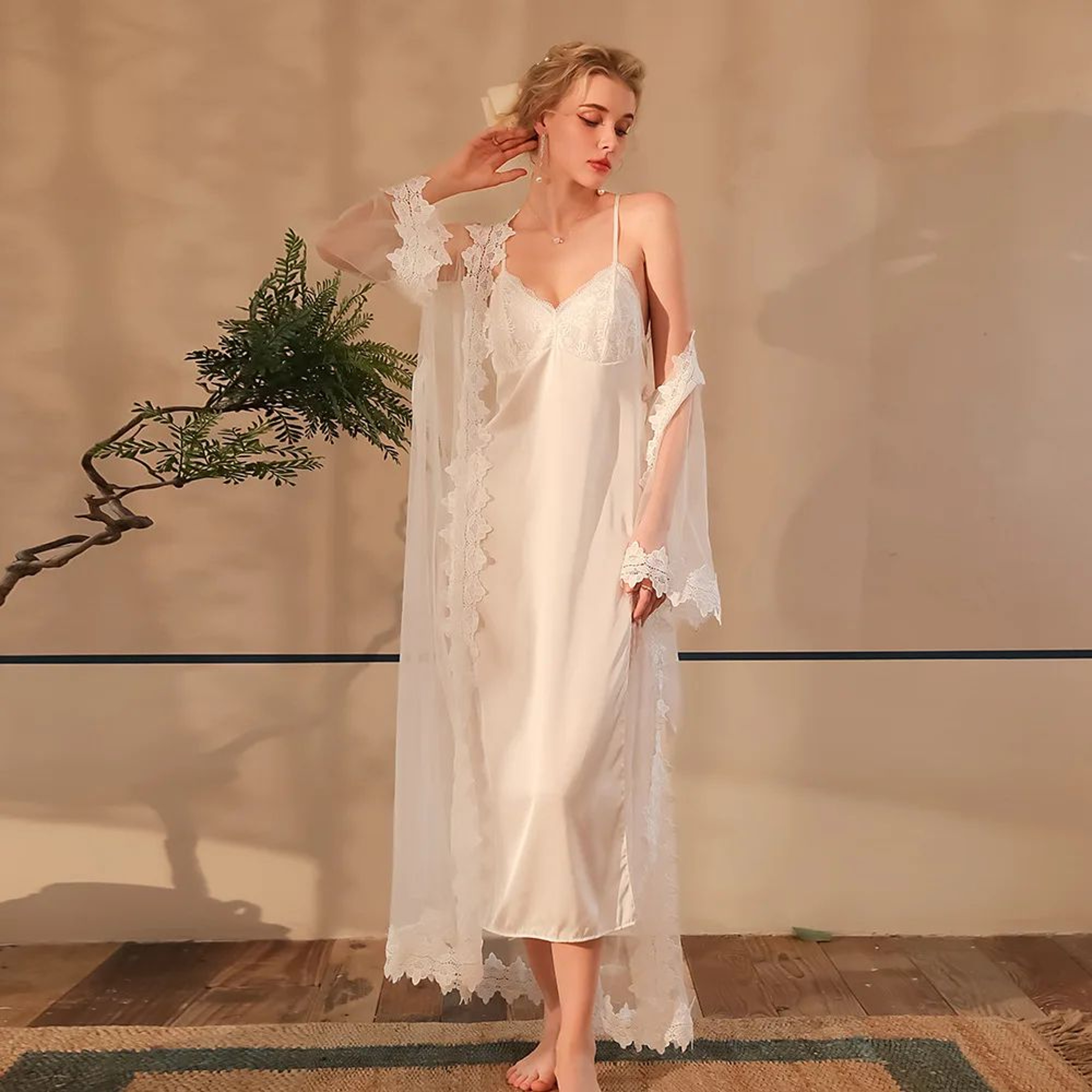 Womens Satin Lace Suspender Nightgown Sexy Mesh Silk Sleepwear MidCalf Loungewear Dress 1