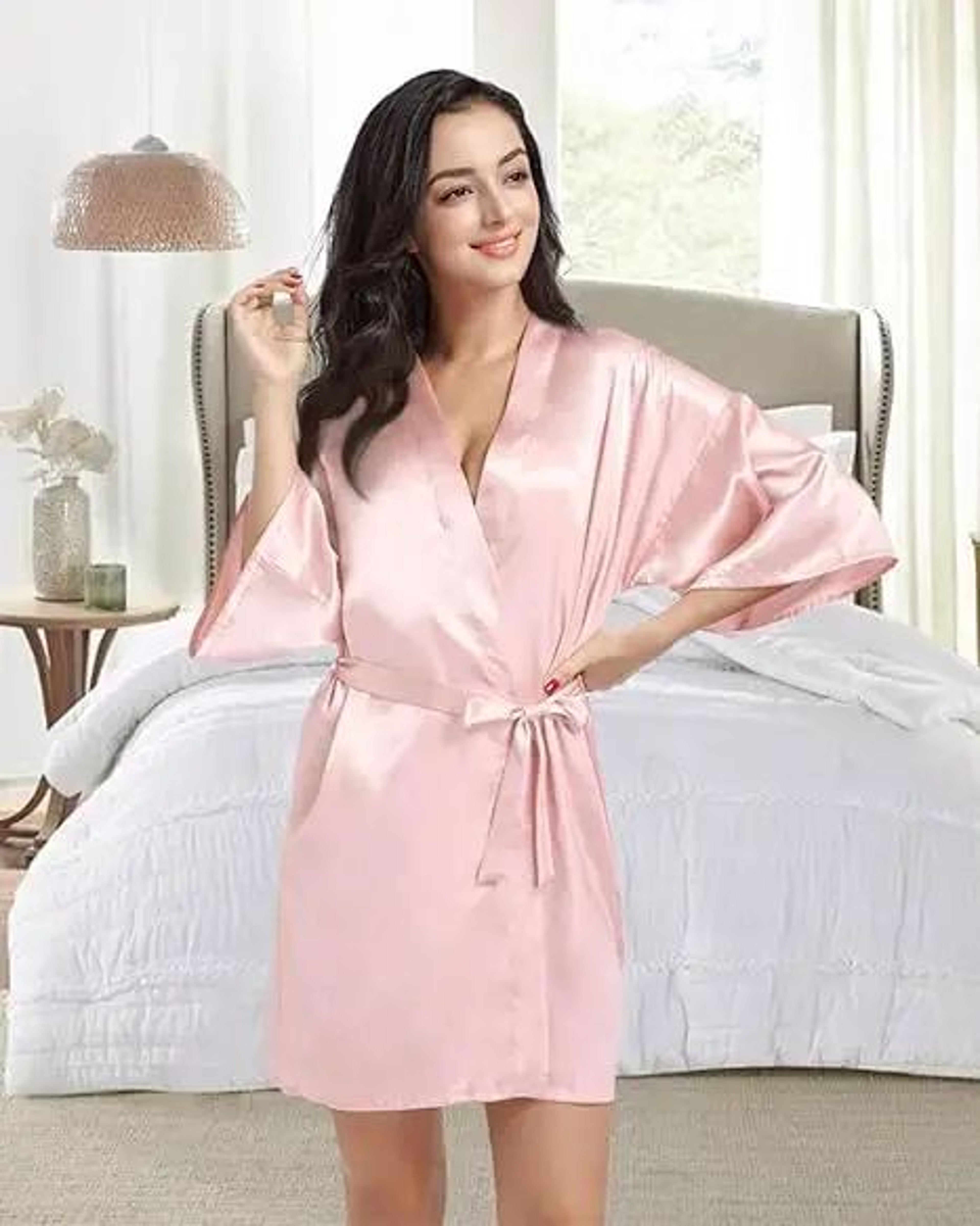 Womens Luxury Satin Silk Kimono Robe Navy Blue Bridesmaid Short Sleeve Bathrobe 0