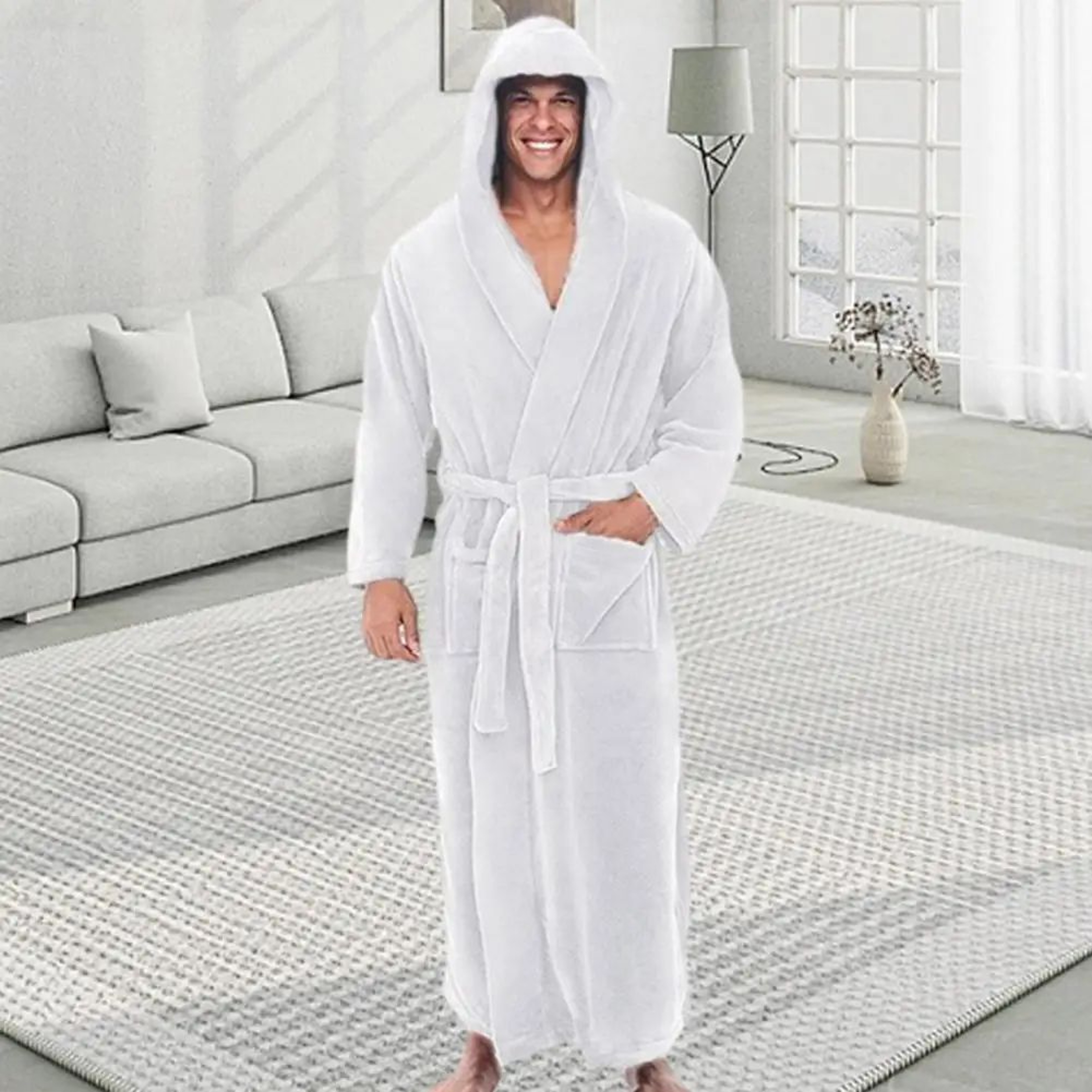 Mens Hooded Flannel Bathrobe Soft Plush Long Lounge Robe Thick Warm Home Sleepwear 2