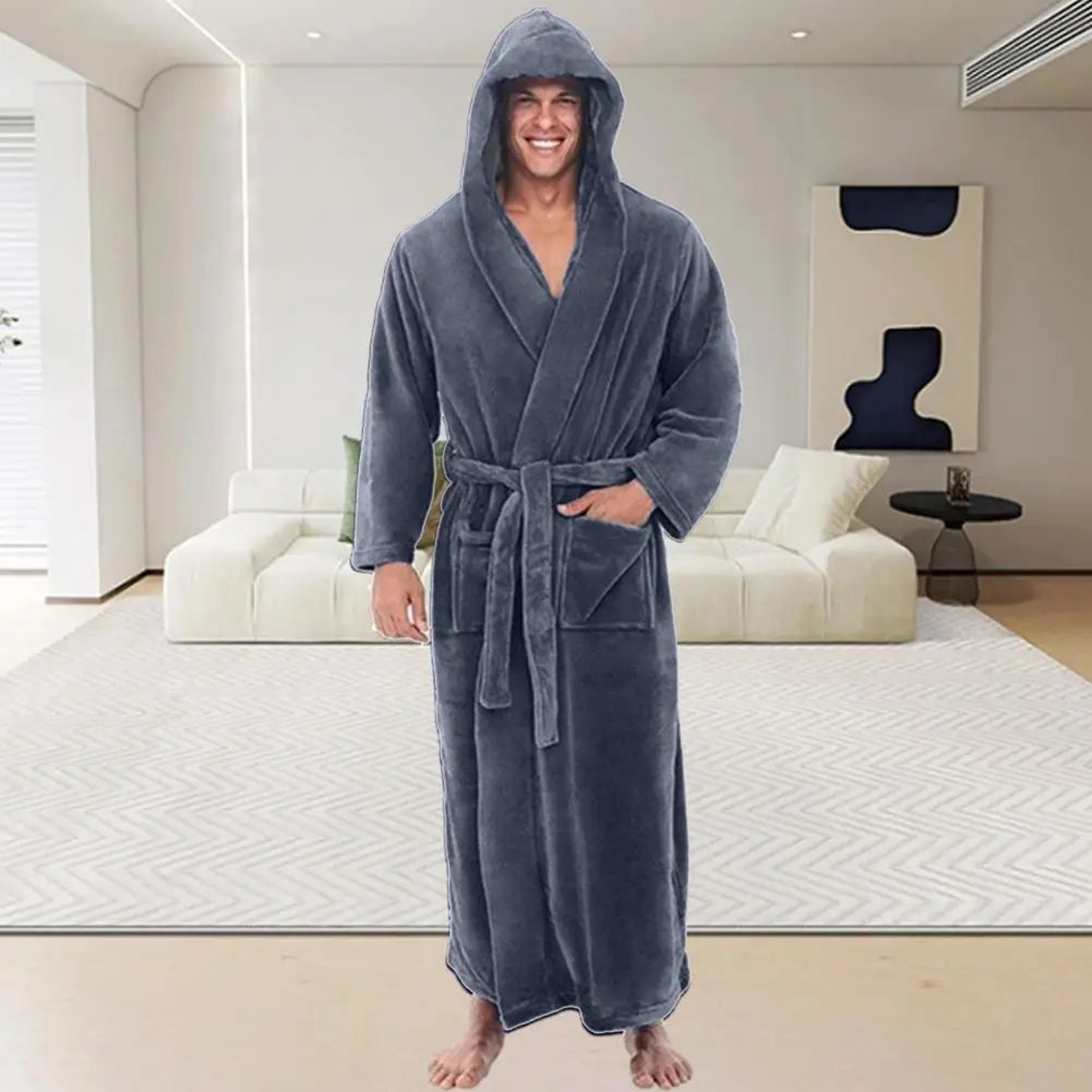 Mens Hooded Flannel Bathrobe Soft Plush Long Lounge Robe Thick Warm Home Sleepwear 4