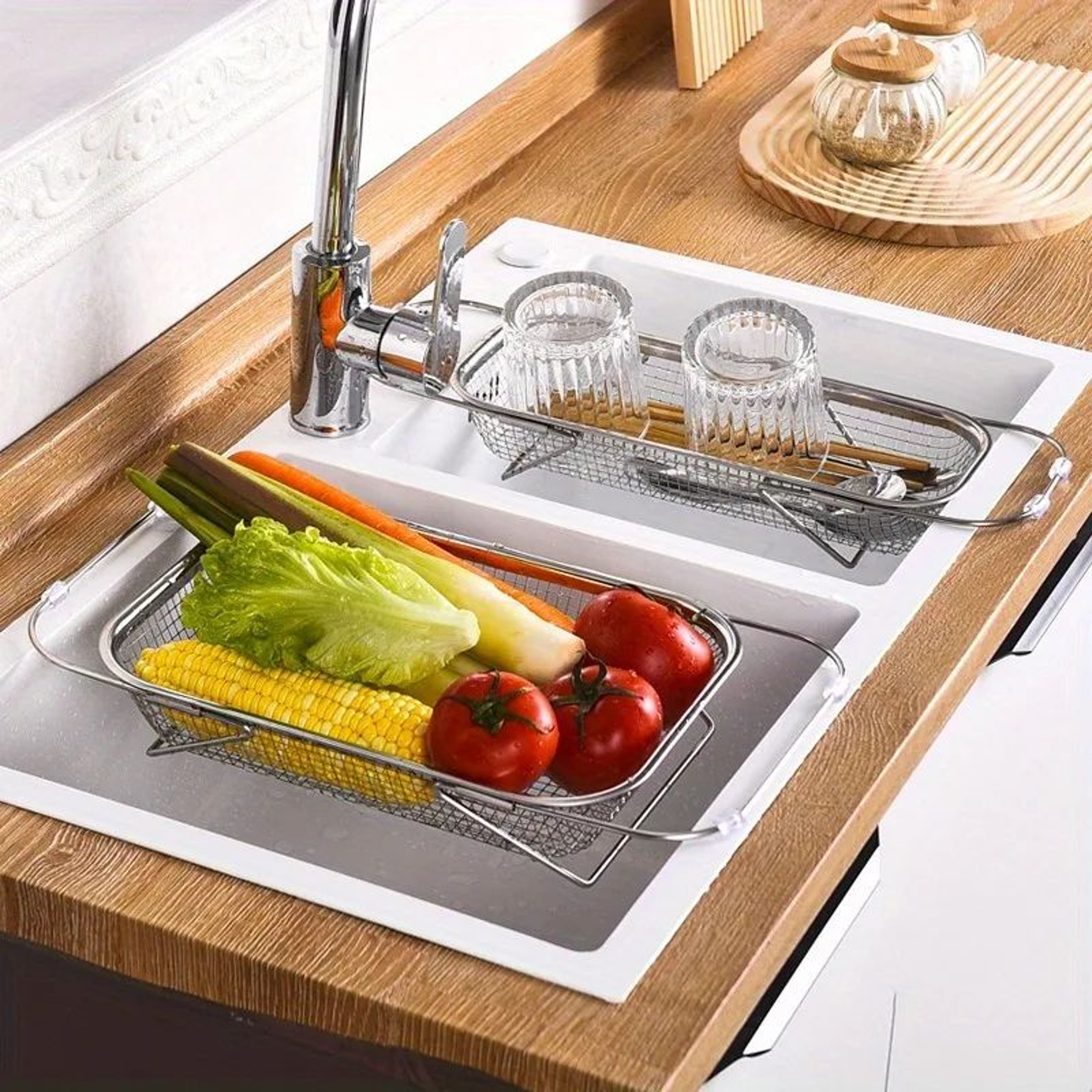 Adjustable Stainless Steel OvertheSink Colander Basket  Expandable Mesh Strainer For FruitsVegetabl 3