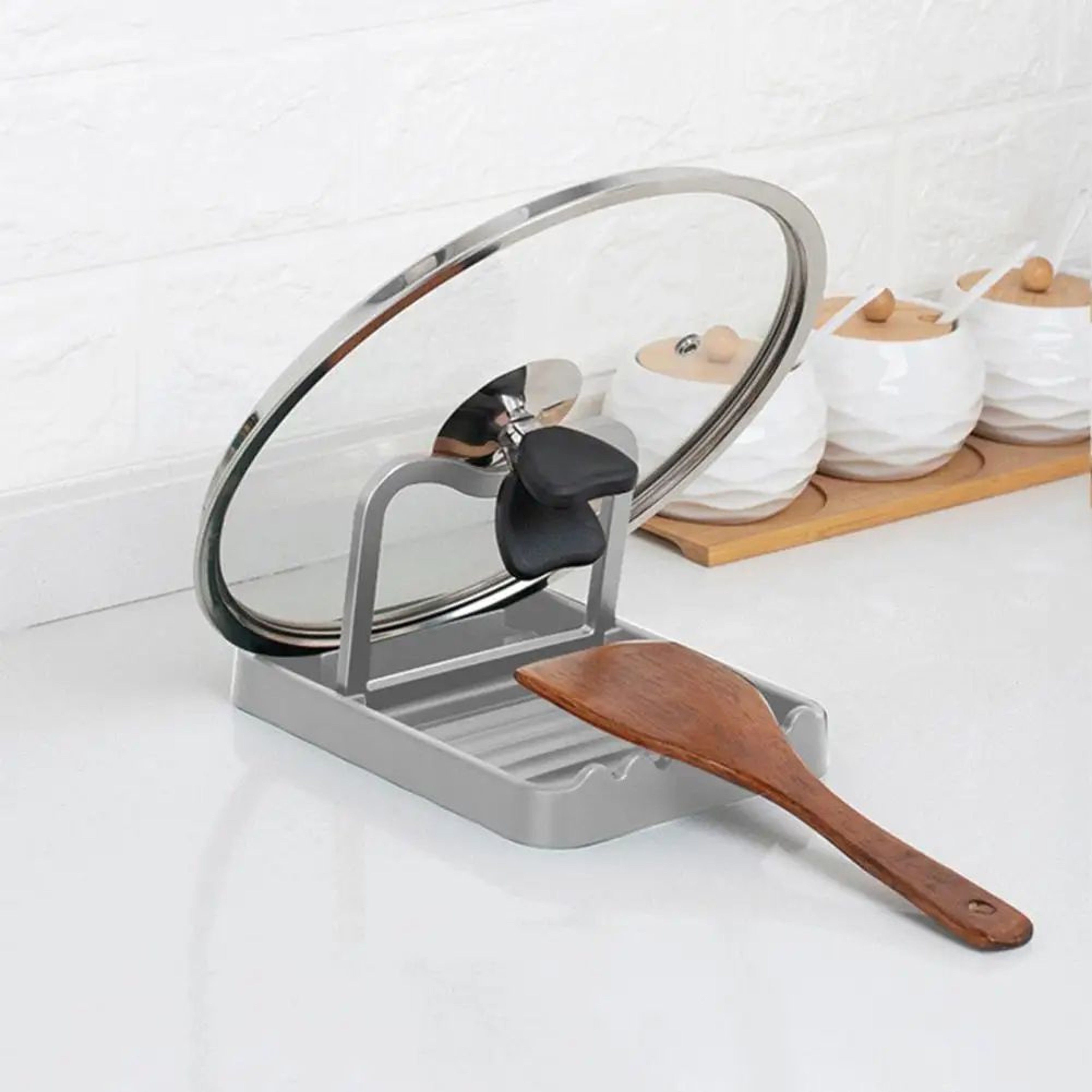 Multifunction Kitchen Pot Lid Storage Rack  HeatResistant Utensil  Spoon Holder With AntiSlip Base 0