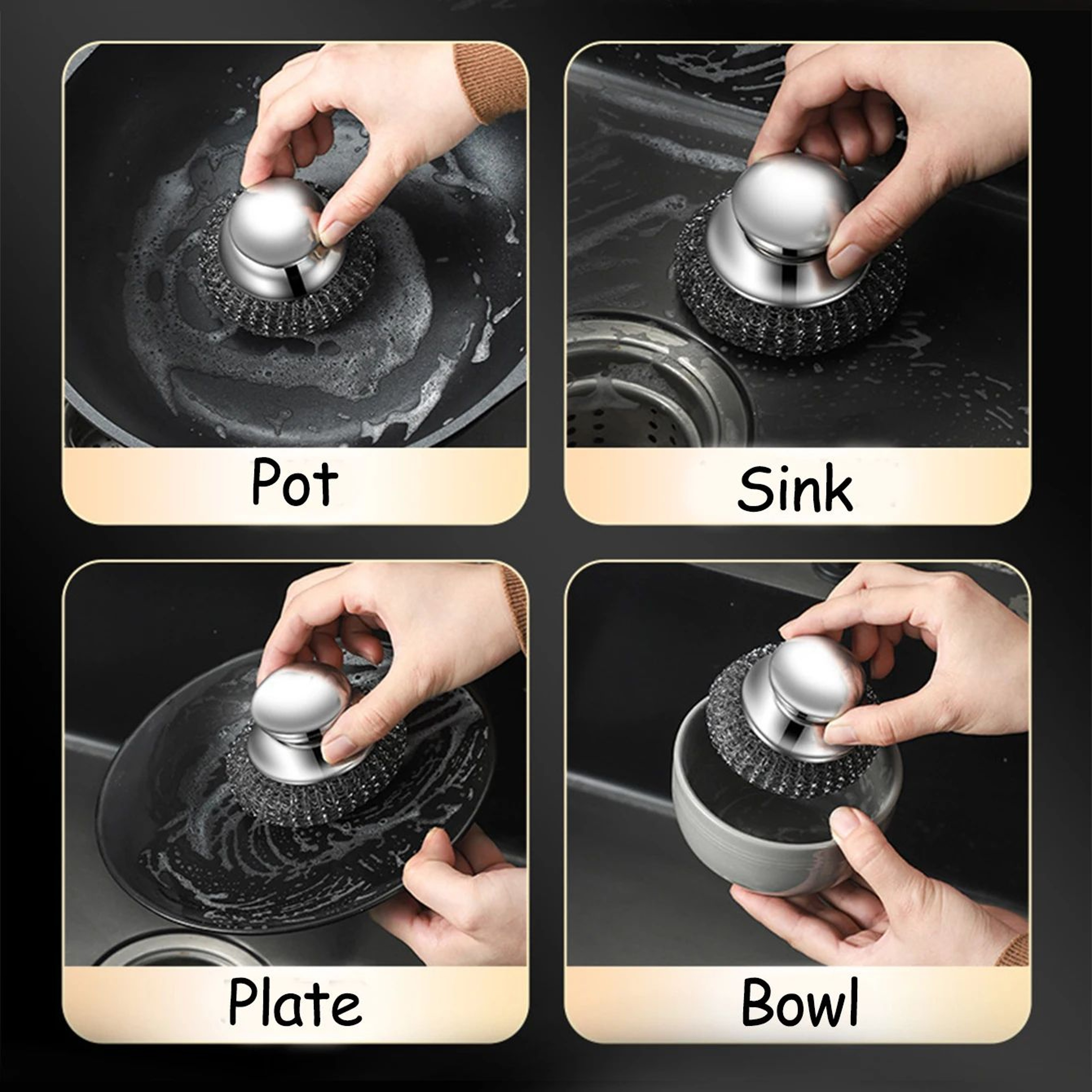 Stainless Steel Wool Scrubber Brush With Handle  HeavyDuty Dish  Grill Cleaning Brush For Pots Pans 2
