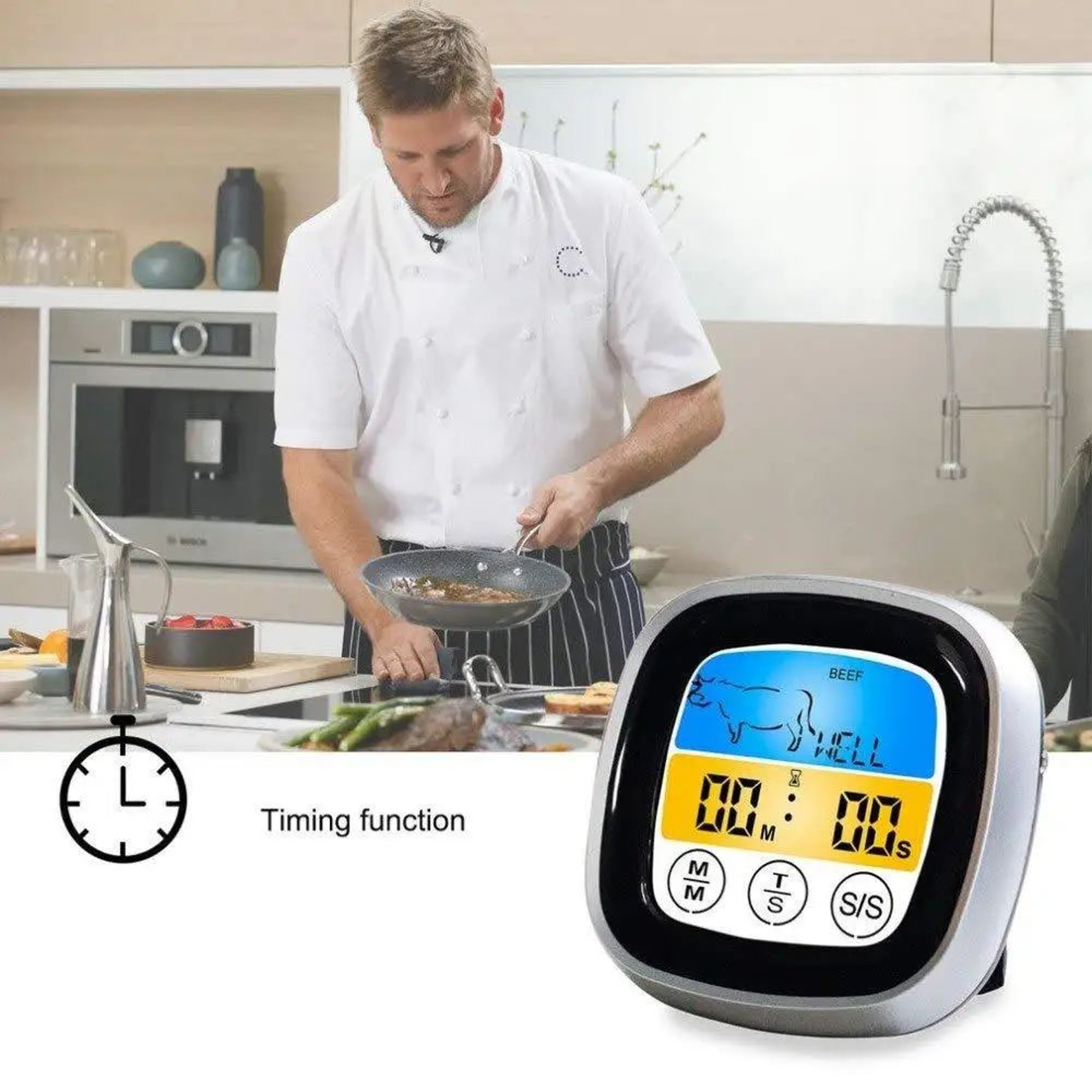 TempMaster Digital Meat Thermometer  Touchscreen LCD BBQ Probe With Timer For Grill Oven  Kitchen C 1
