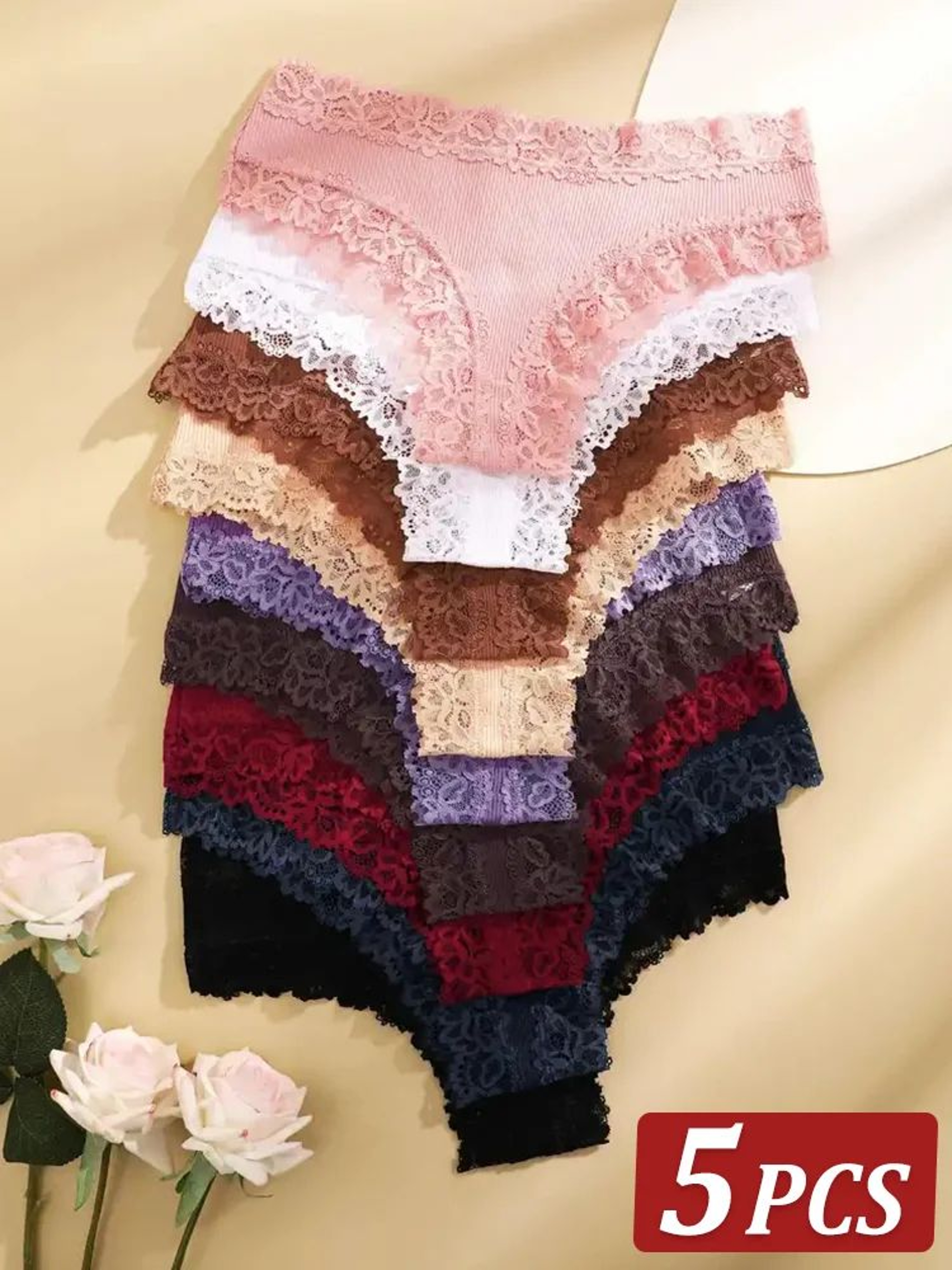 5pcs LaceBloom Cotton Panties Set  Soft Floral Lace Patchwork Womens Briefs 0