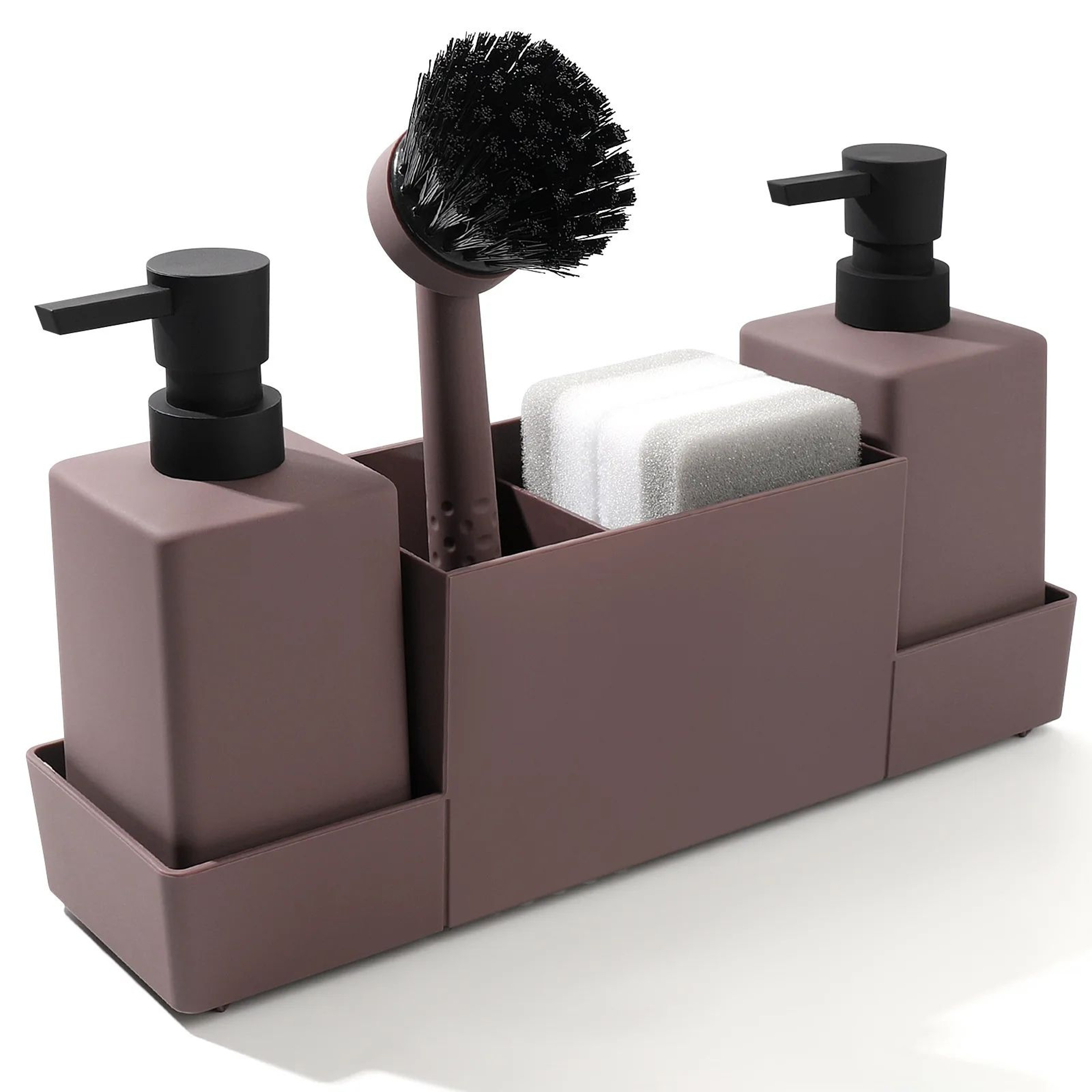 CleanFlow Kitchen Soap Dispenser With Sponge Holder  Sink Caddy Organizer Set Matte Black 6