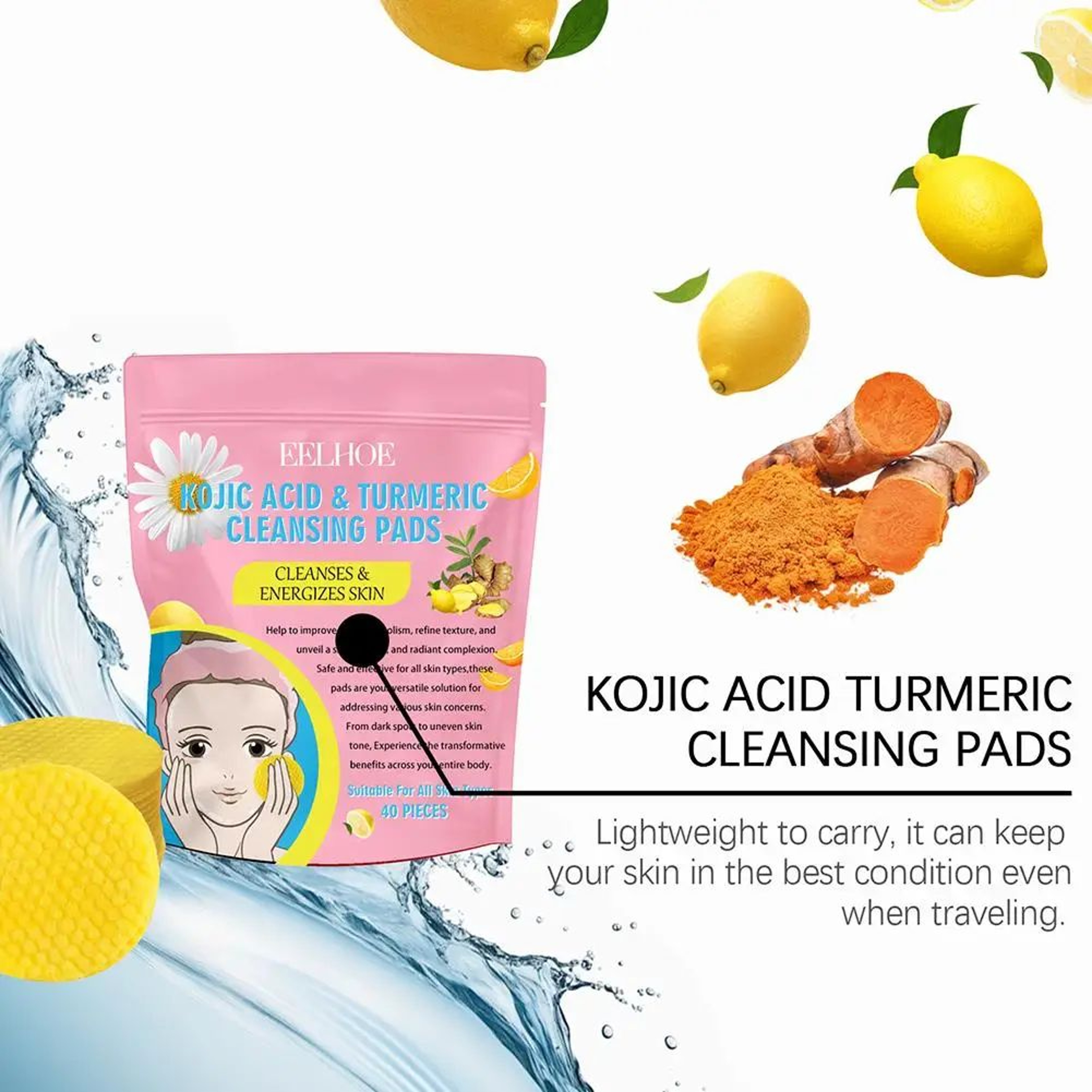 GlowClear Turmeric Kojic Acid Cleansing Pads  Exfoliating Facial Sponges For Brightening Skin 2