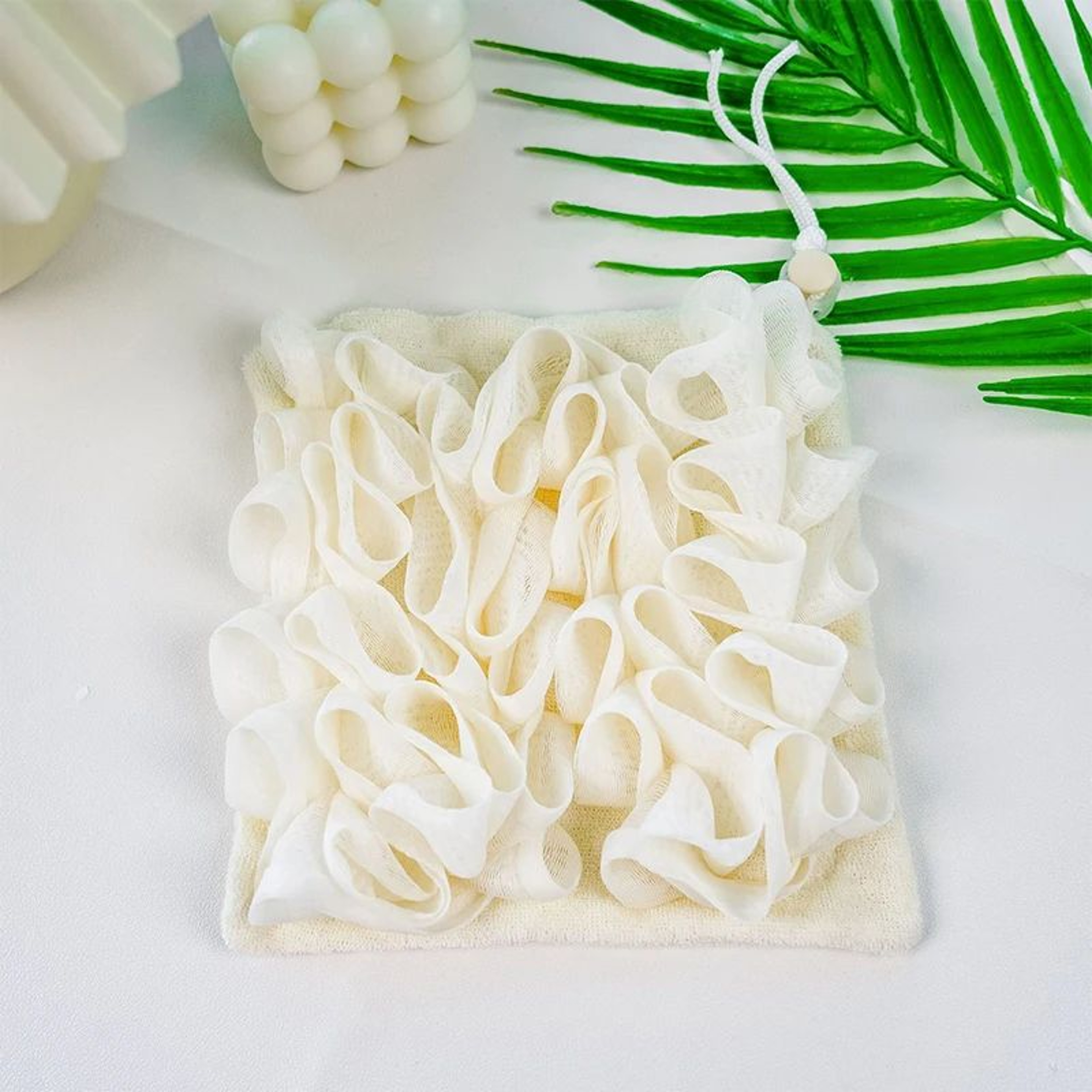 LuxeFoam 2in1 Bath Loofah Sponge  Soft Exfoliating Mesh Shower Puff With Soap Drawstring 10