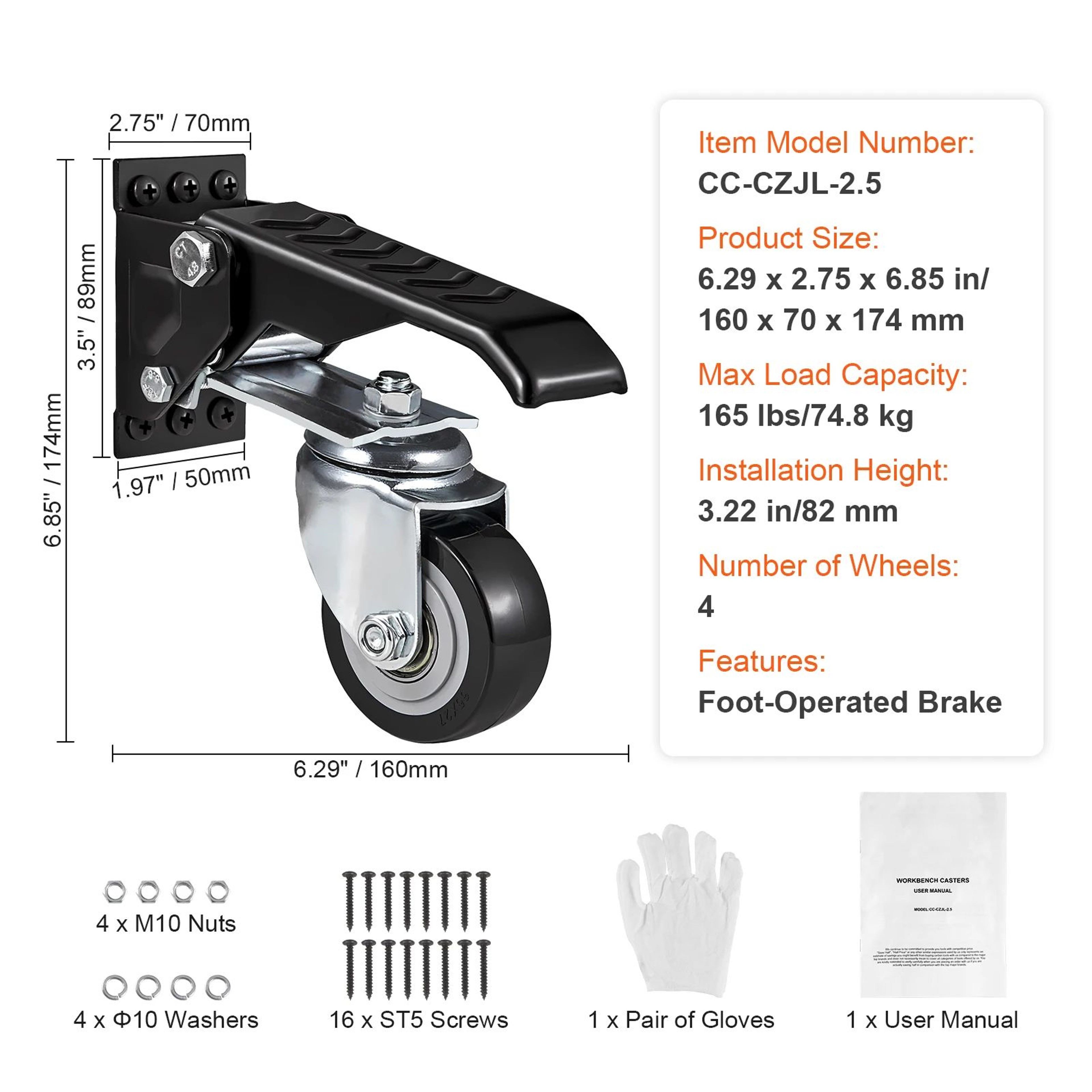 SucceBuy 4PCS Retractable Workbench Caster Wheels  165 Lbs Capacity 360 Swivel SideMounted Stepdown 6