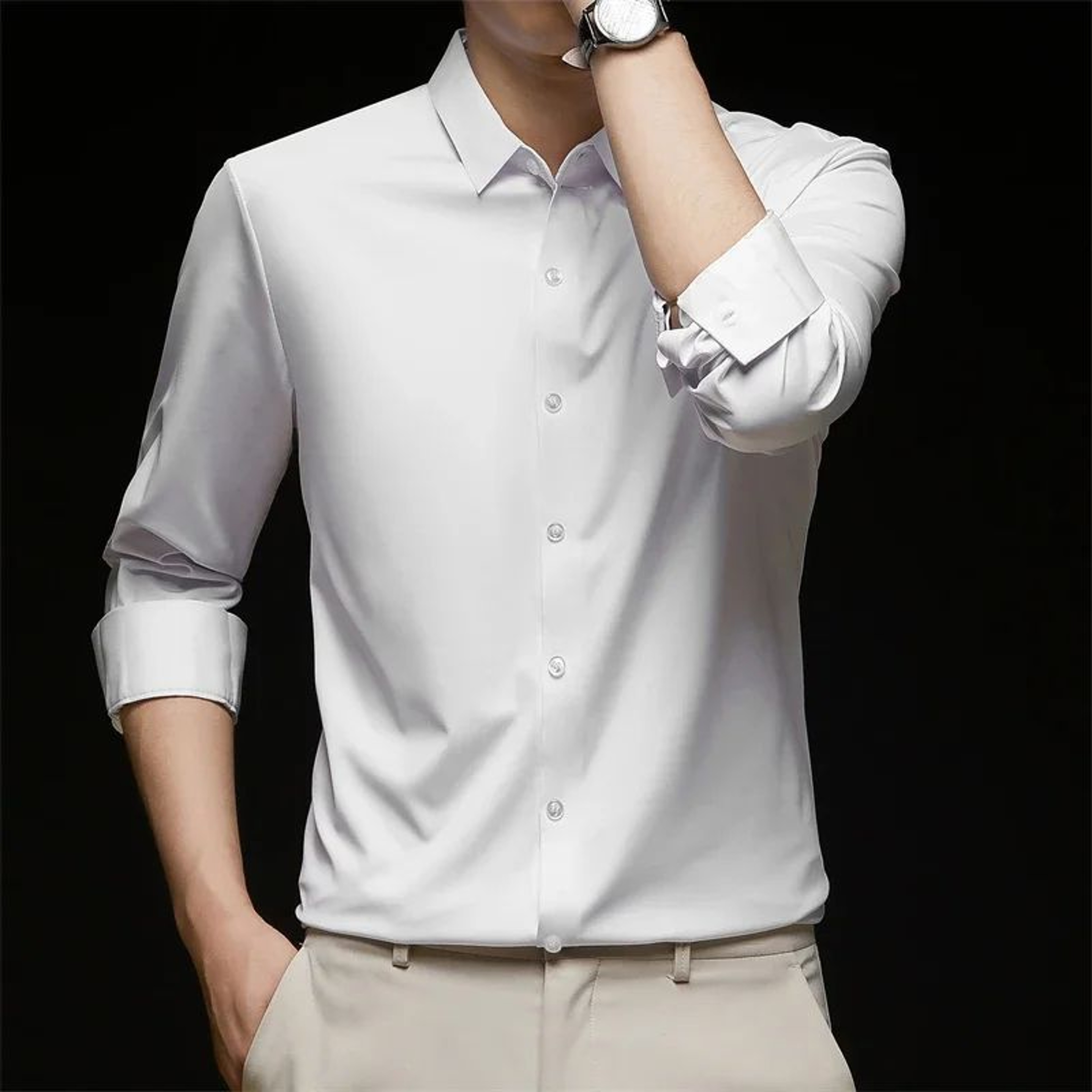Mens Long Sleeve ButtonUp Shirt  WrinkleResistant Solid Casual Business Shirt Breathable AllSeason  2
