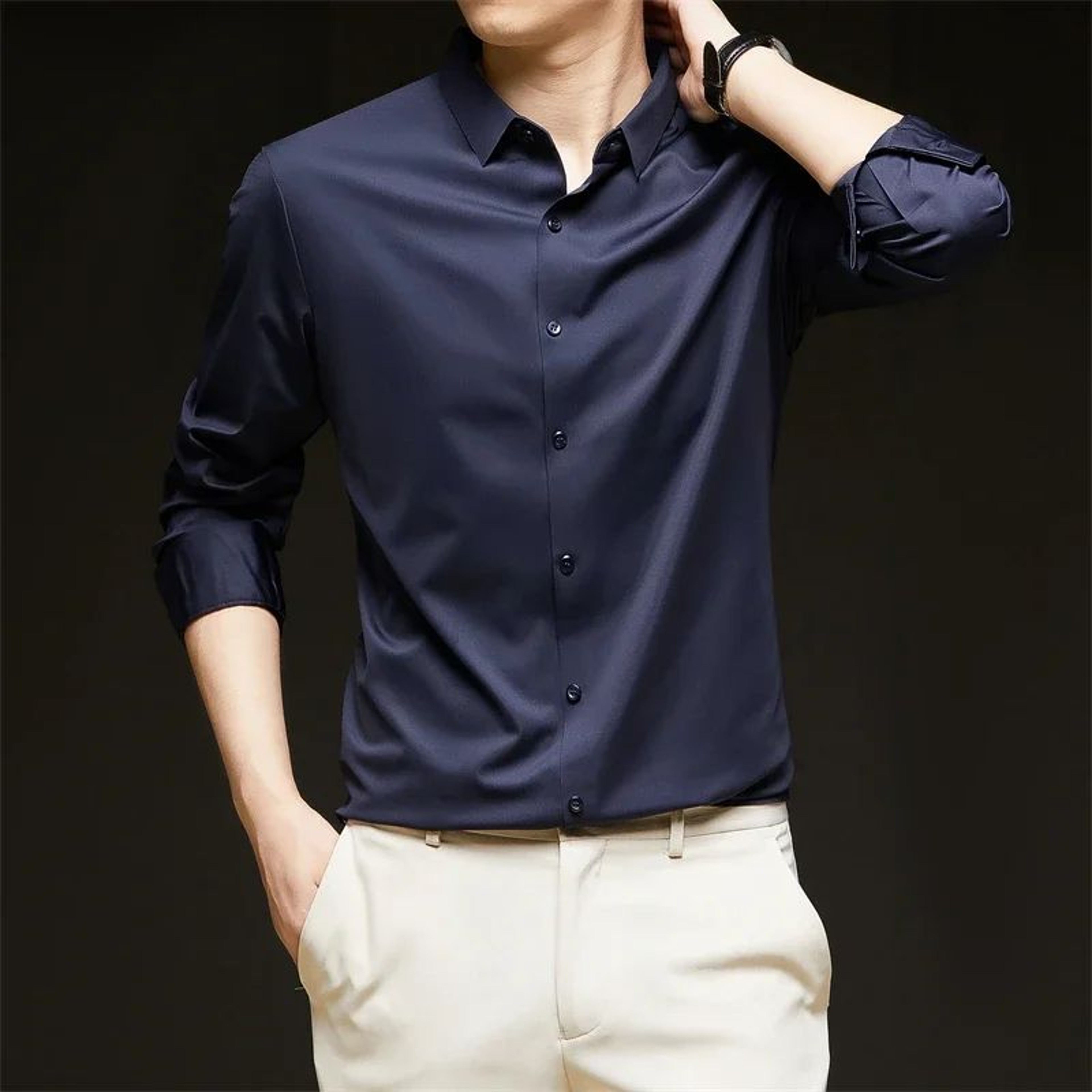 Mens Long Sleeve ButtonUp Shirt  WrinkleResistant Solid Casual Business Shirt Breathable AllSeason  4