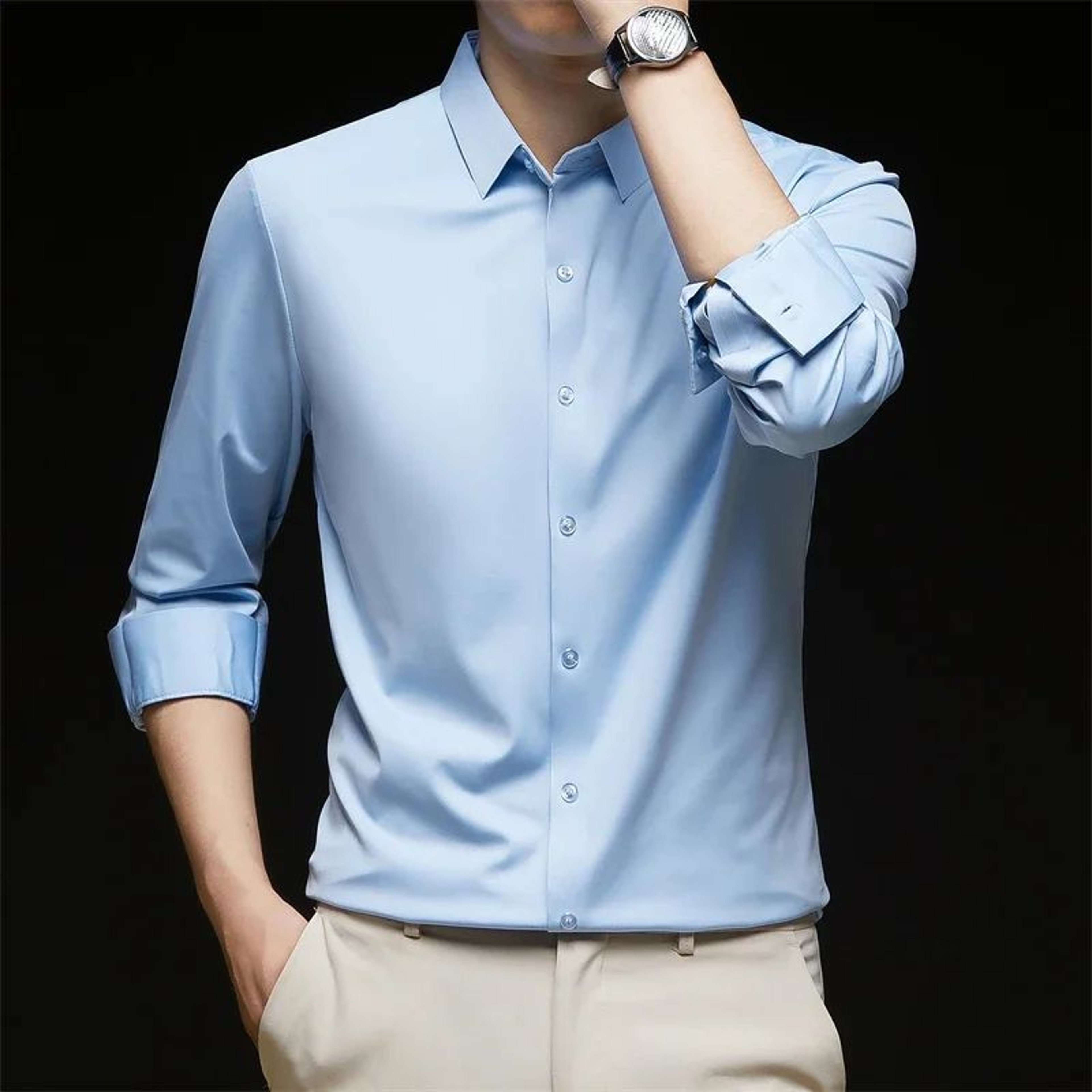 Mens Long Sleeve ButtonUp Shirt  WrinkleResistant Solid Casual Business Shirt Breathable AllSeason  7
