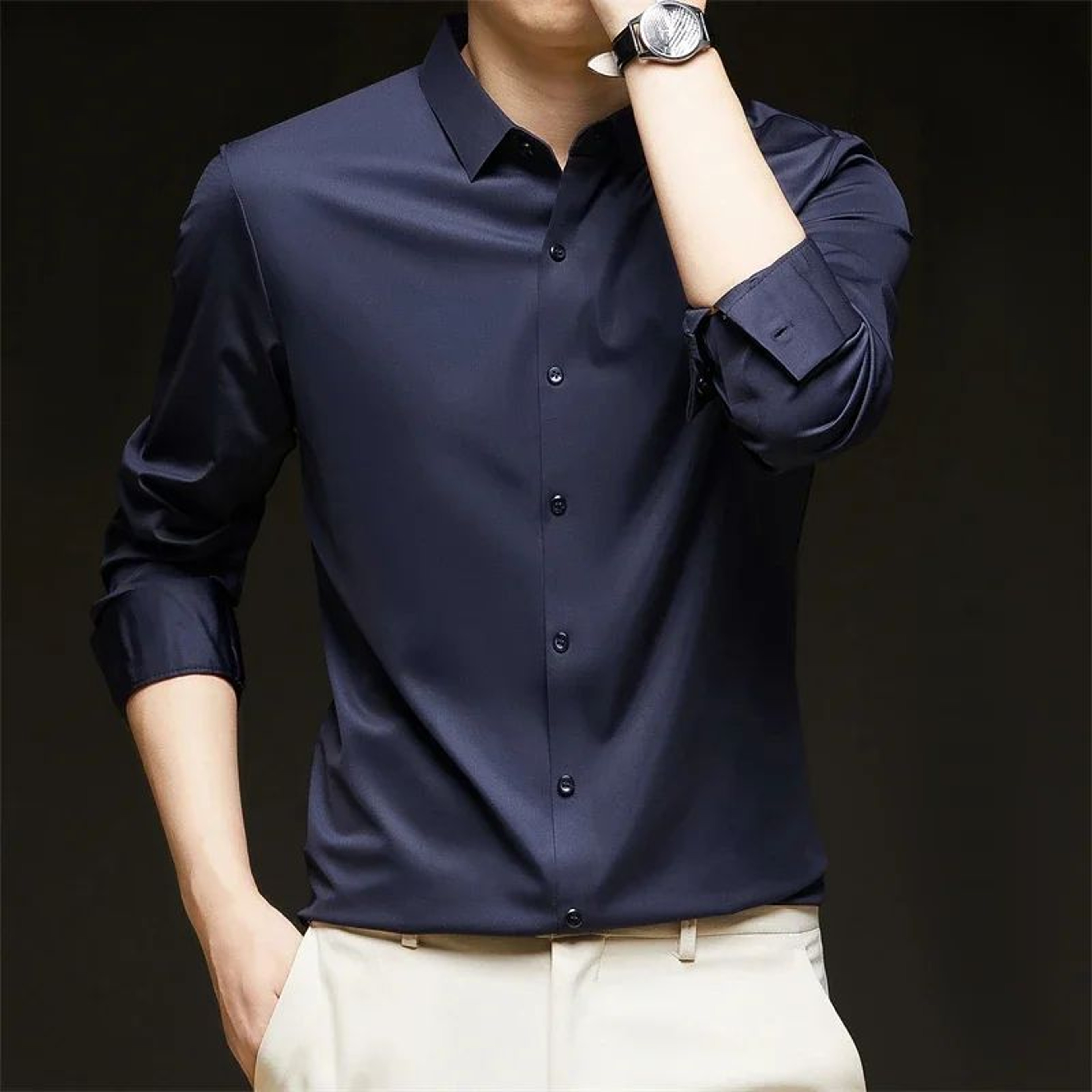 Mens Long Sleeve ButtonUp Shirt  WrinkleResistant Solid Casual Business Shirt Breathable AllSeason  8