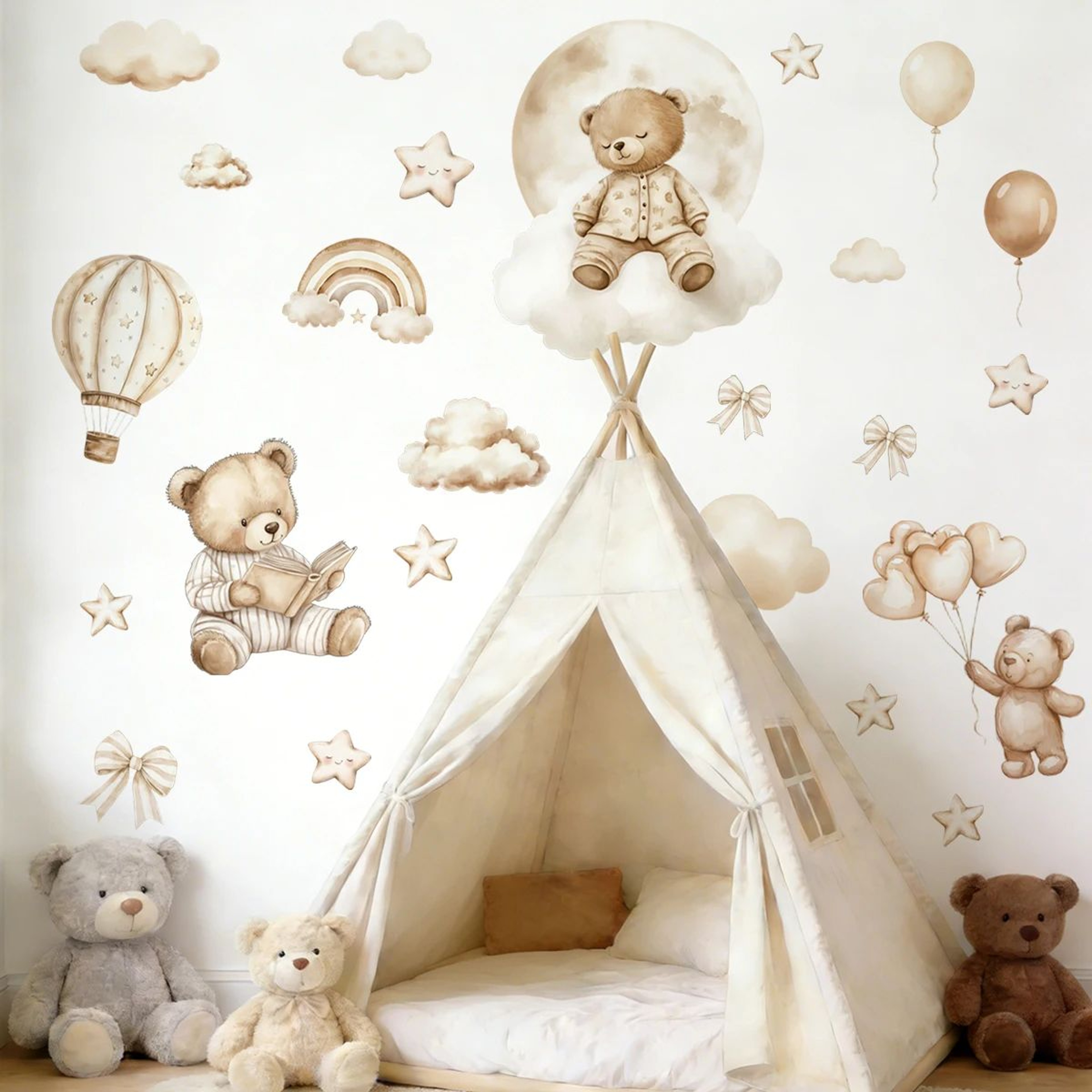 Boho Teddy Bear Balloon Wall Sticker  Watercolor Nursery Vinyl Decal For Kids Room Decor 1