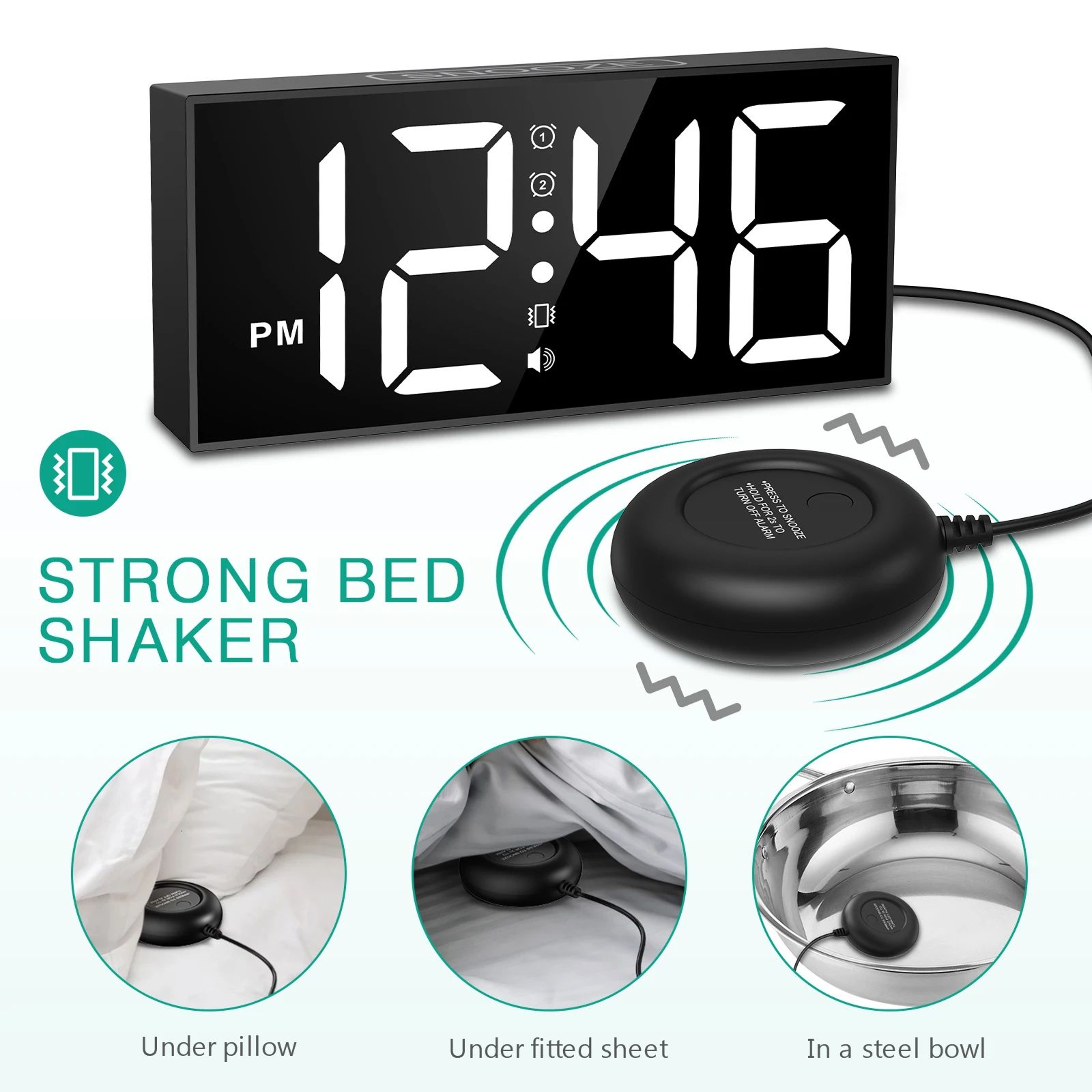 ORIA 75in Vibrating Alarm Clock  Loud LED Bed Shaker Clock For Heavy Sleepers  Hearing Impaired 4