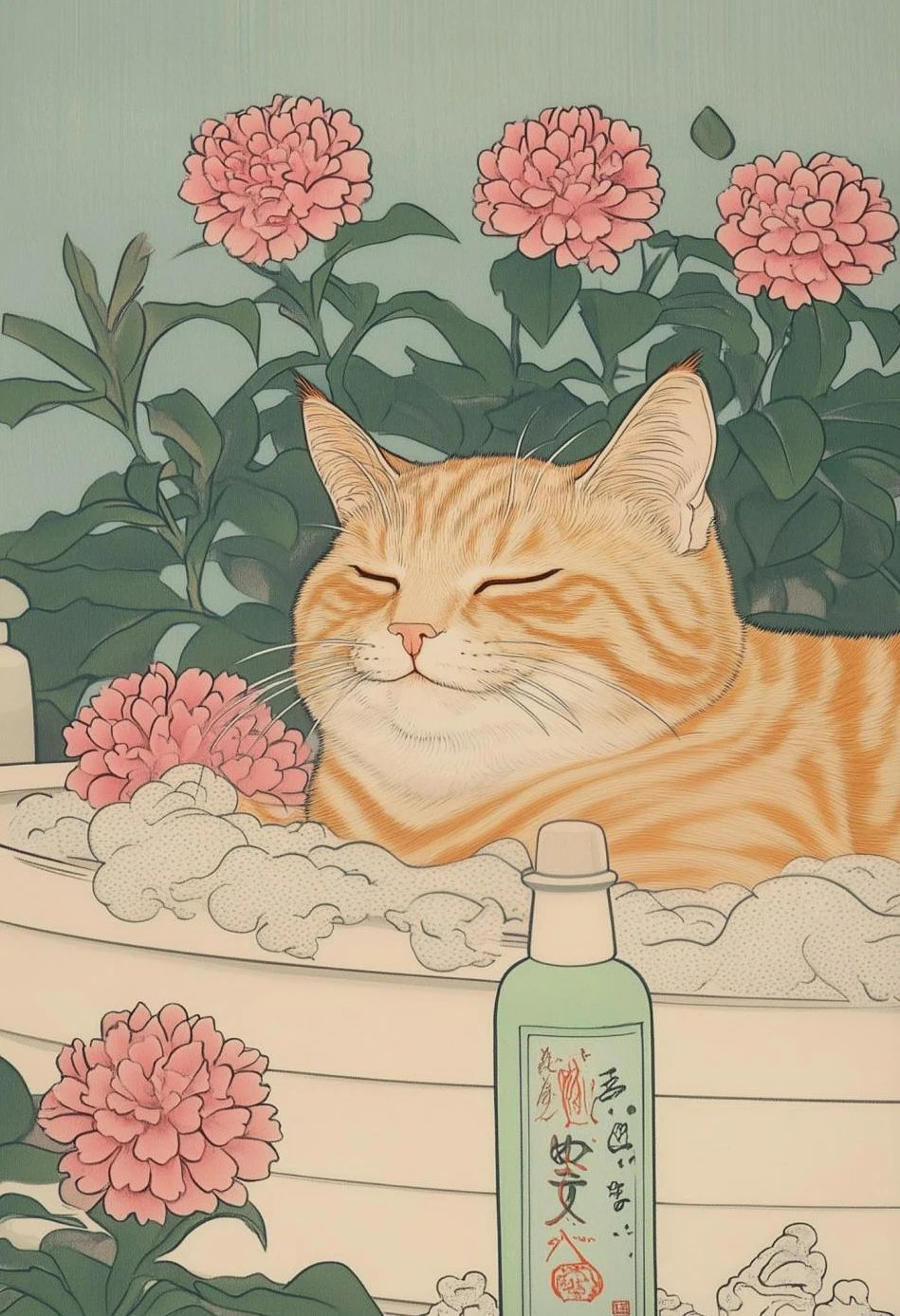 Japanese Tabby Cat Bathtub Canvas Wall Art  Japandi Retro Aesthetic Bathroom Poster 18