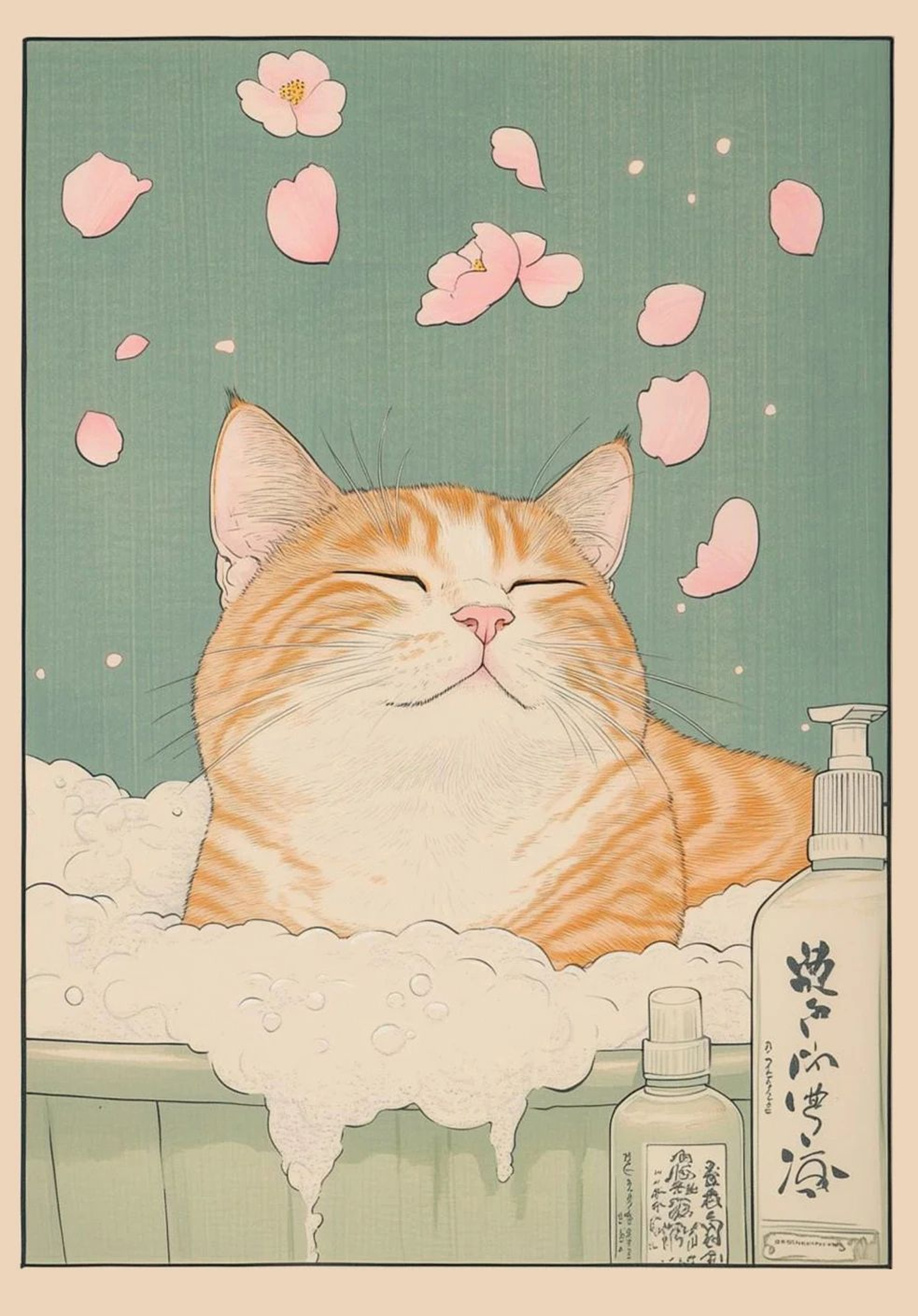 Japanese Tabby Cat Bathtub Canvas Wall Art  Japandi Retro Aesthetic Bathroom Poster 8