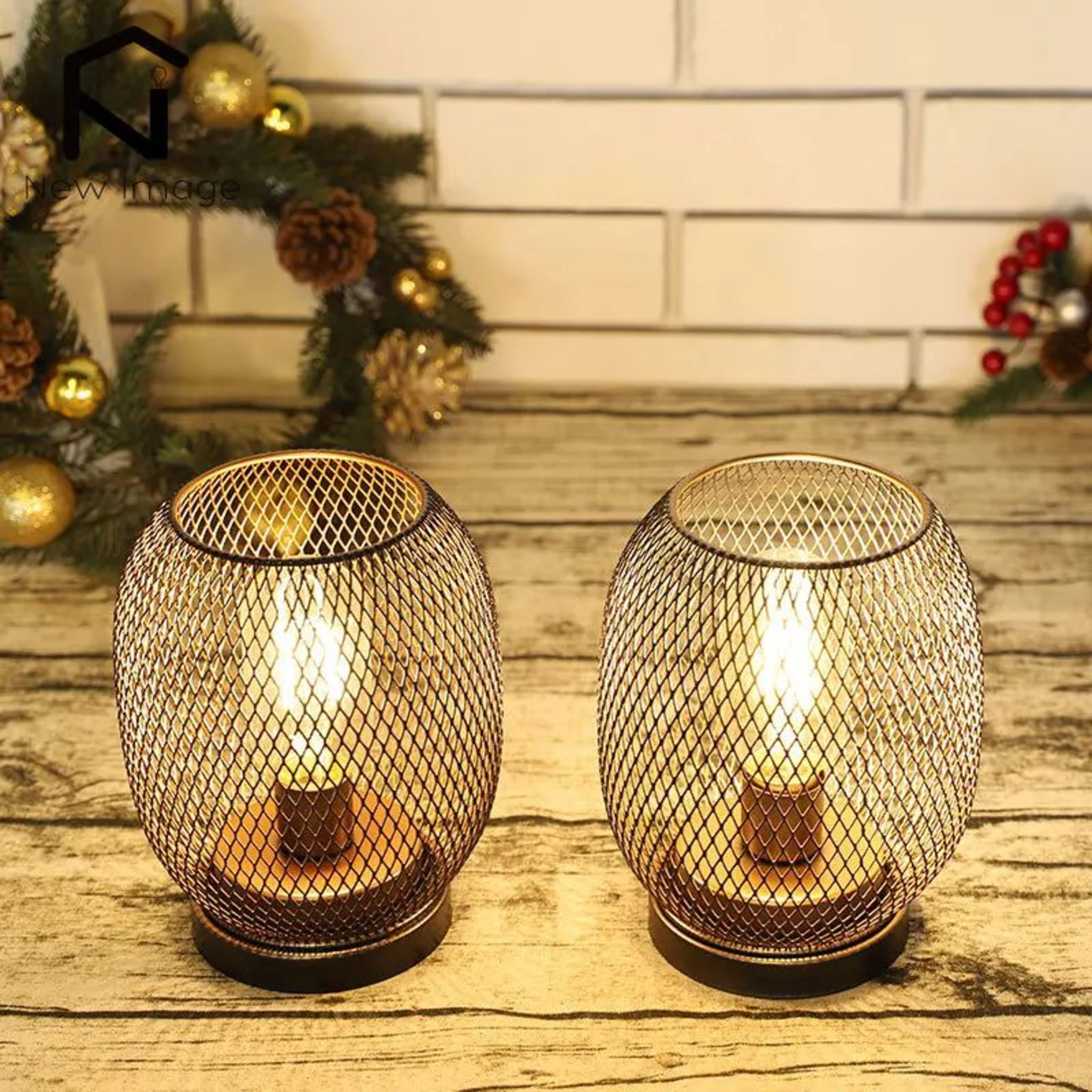 Metal Cage LED Table Lamp  Round Battery Powered Lantern Candle Holder Decor 2